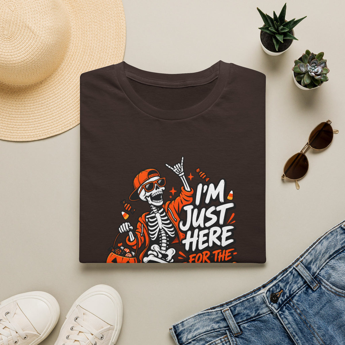 I'm Just Here for the Candy Shirt | Funny Dancing Skeleton Halloween Tee | Dark Humor Graphic T-Shirt