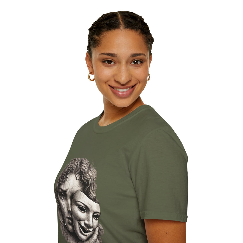 Crying Woman Mask Art T-Shirt | Hidden Emotions Sketch Graphic Tee Unisex Unisex Softstyle T-Shirt