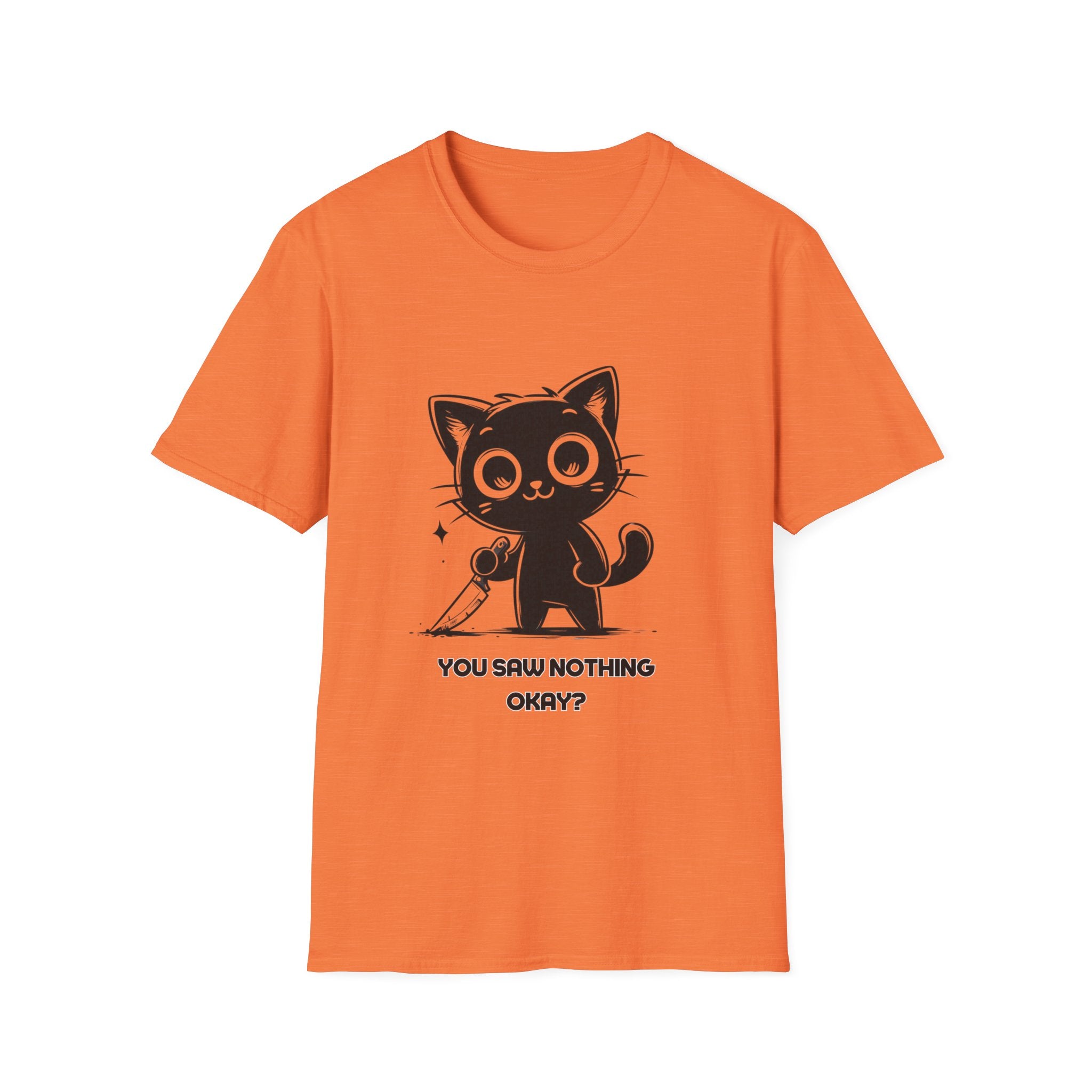 Women's and Men's Funny Cat T-shirt you saw nothing cat with bloody knife Halloween tee Soft Unisex Tshirt Gift for Her