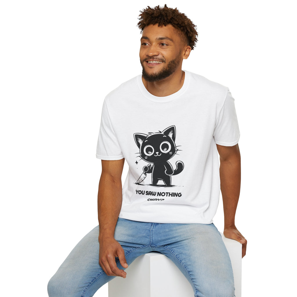 Women's and Men's Funny Cat T-shirt you saw nothing cat with bloody knife Halloween tee Soft Unisex Tshirt Gift for Her
