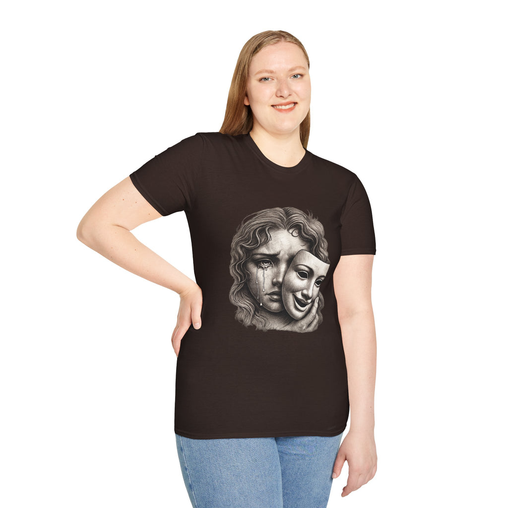 Crying Woman Mask Art T-Shirt | Hidden Emotions Sketch Graphic Tee Unisex Unisex Softstyle T-Shirt