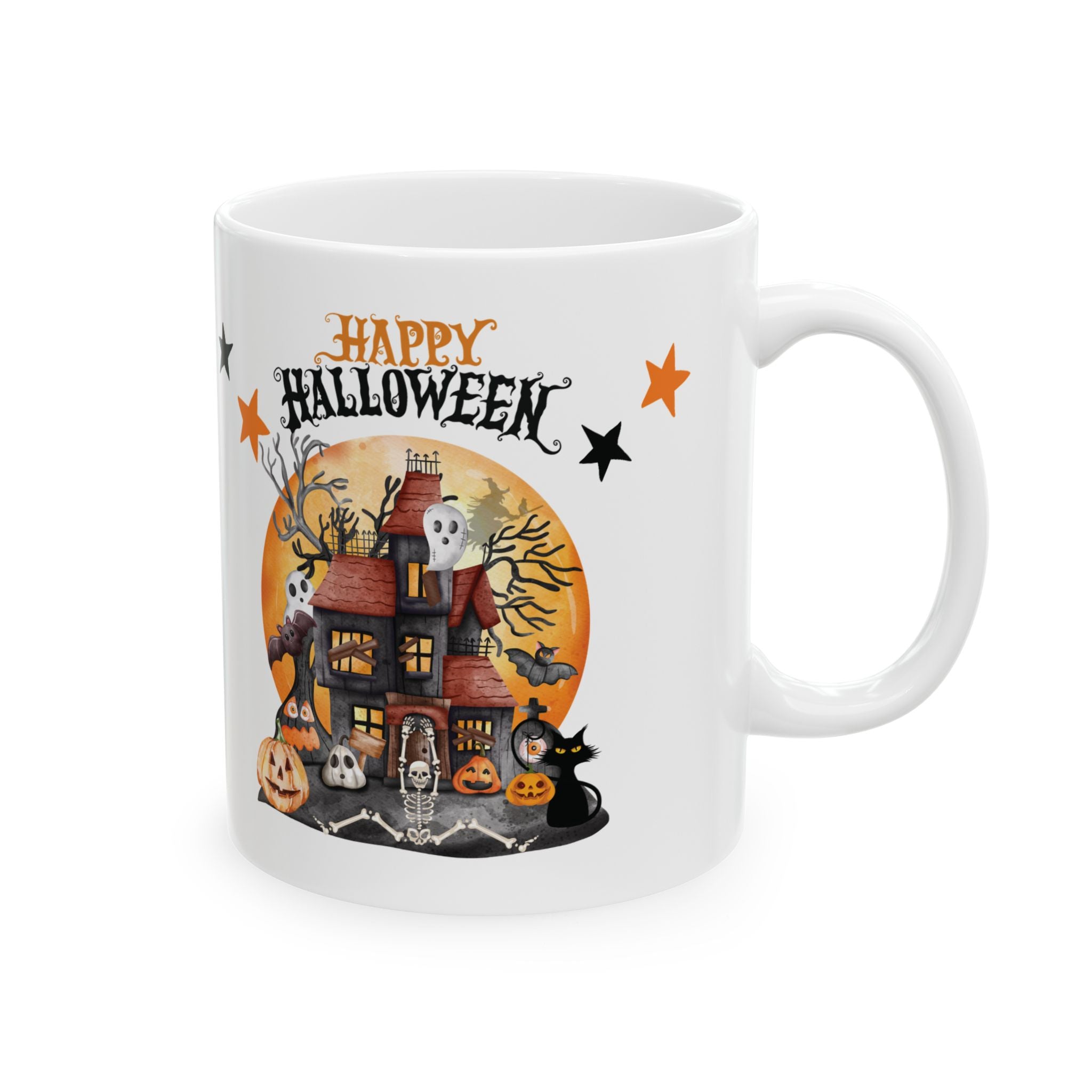 Cute Happy Halloween Funny Coffee Mug Gift For Kids Pumpkin Spooky Cat Boo 11oz
