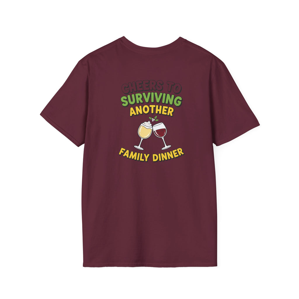 Dark Humor Christmas Shirt Cheers To Surviving Another Family Dinner Funny Sarcastic Unisex Softstyle Tee Adult Christmas Gift