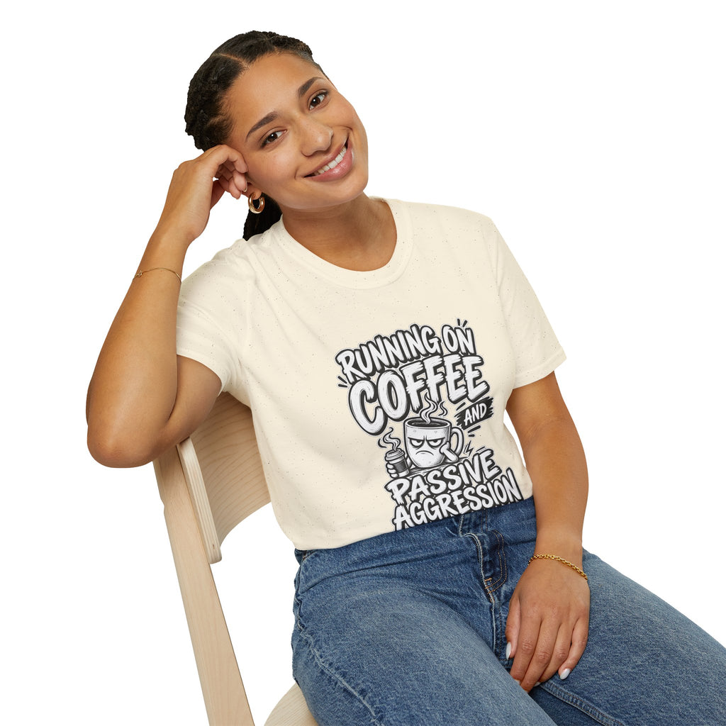 Funny Dark Humor Tshirt — Funny Office Tshirt Dark Humor Graphic Tee Unique Coworker Gift  RUNNING ON COFFEE AND PASSIVE AGGRESSION Shirt