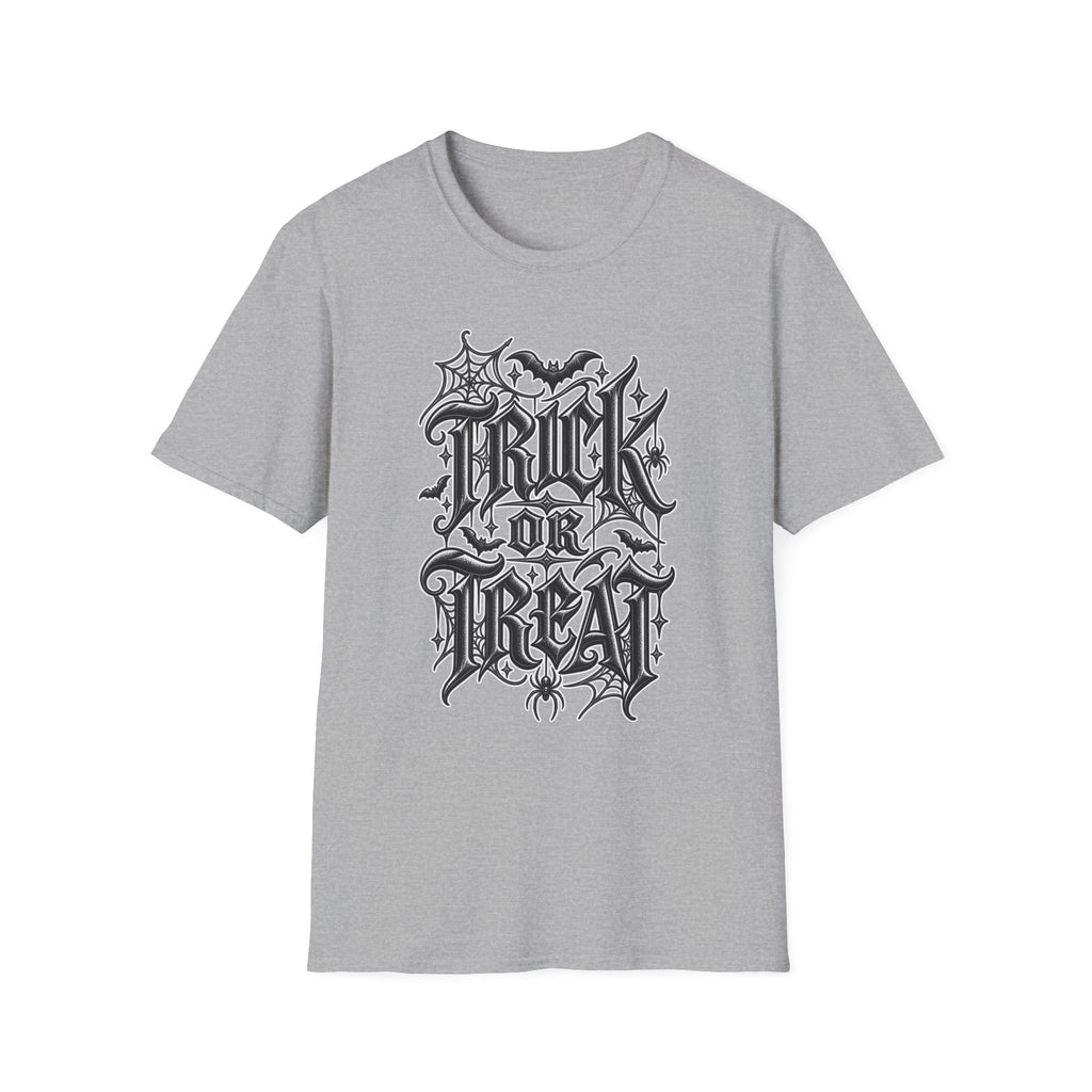 Funny Trick or Treat Gothic Blackletter Shirt | Edgy Spider Web Typography Tee | Minimalist Halloween T-Shirt