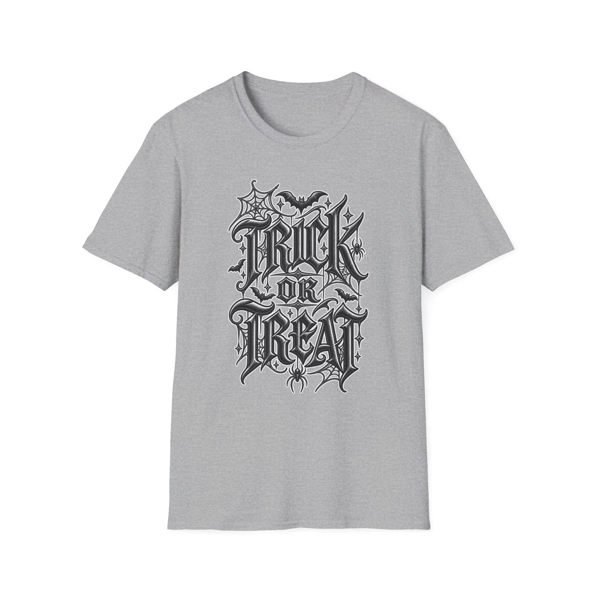 Funny Trick or Treat Gothic Blackletter Shirt | Edgy Spider Web Typography Tee | Minimalist Halloween T-Shirt