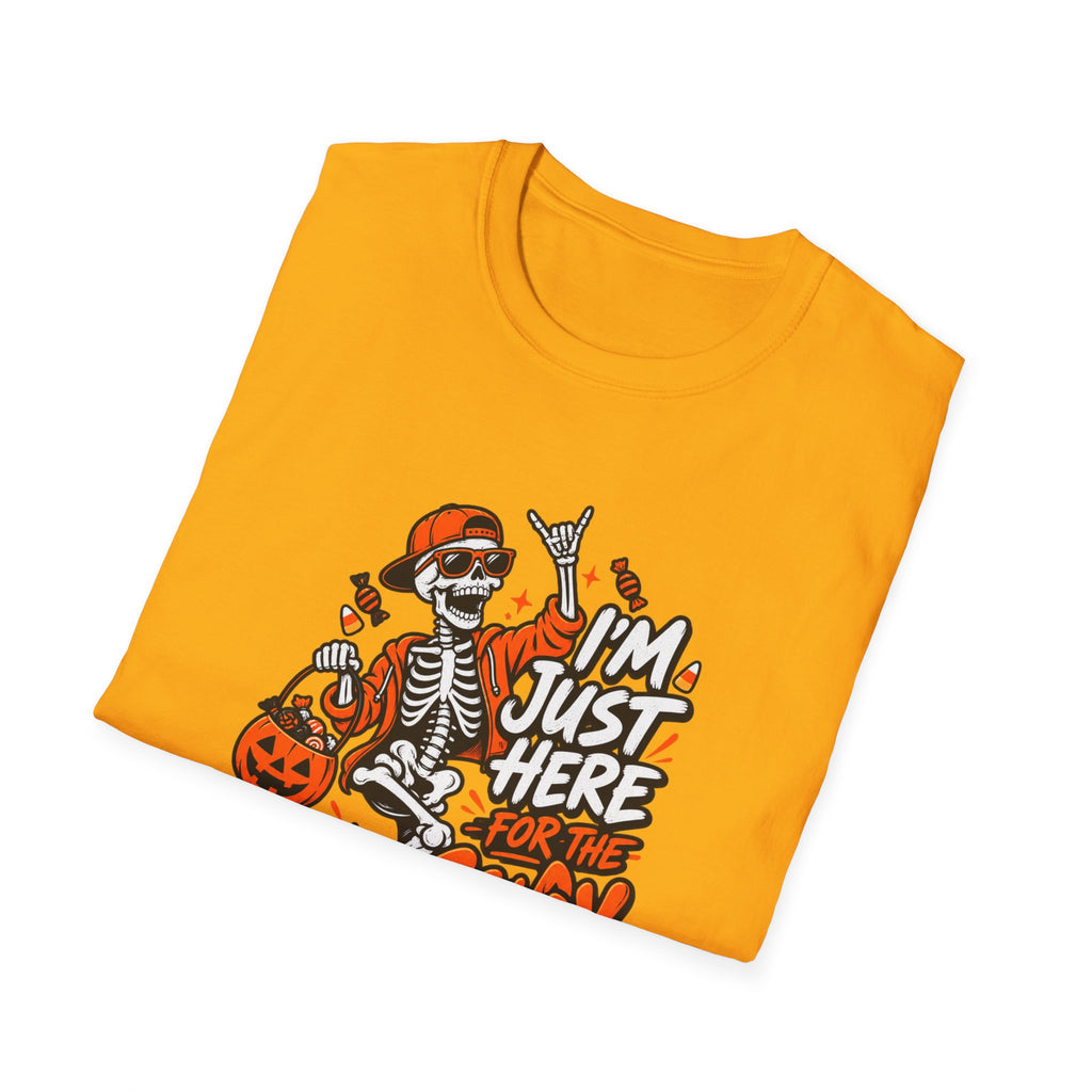 I'm Just Here for the Candy Shirt | Funny Dancing Skeleton Halloween Tee | Dark Humor Graphic T-Shirt