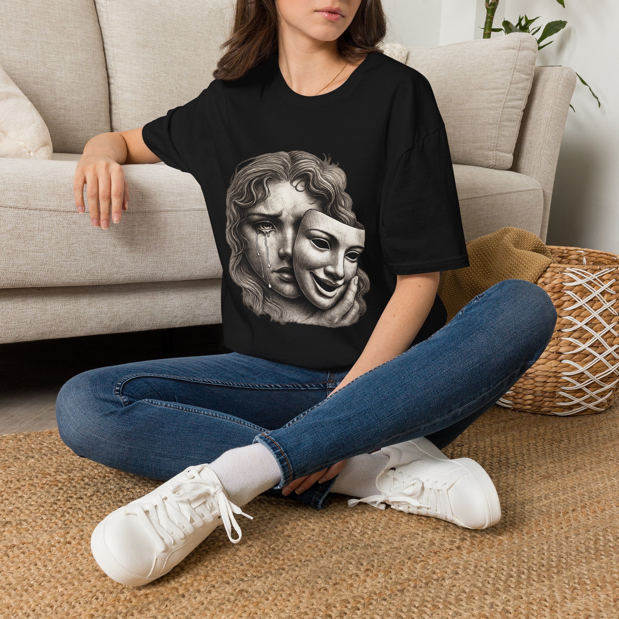 Crying Woman Mask Art T-Shirt | Hidden Emotions Sketch Graphic Tee Unisex Unisex Softstyle T-Shirt