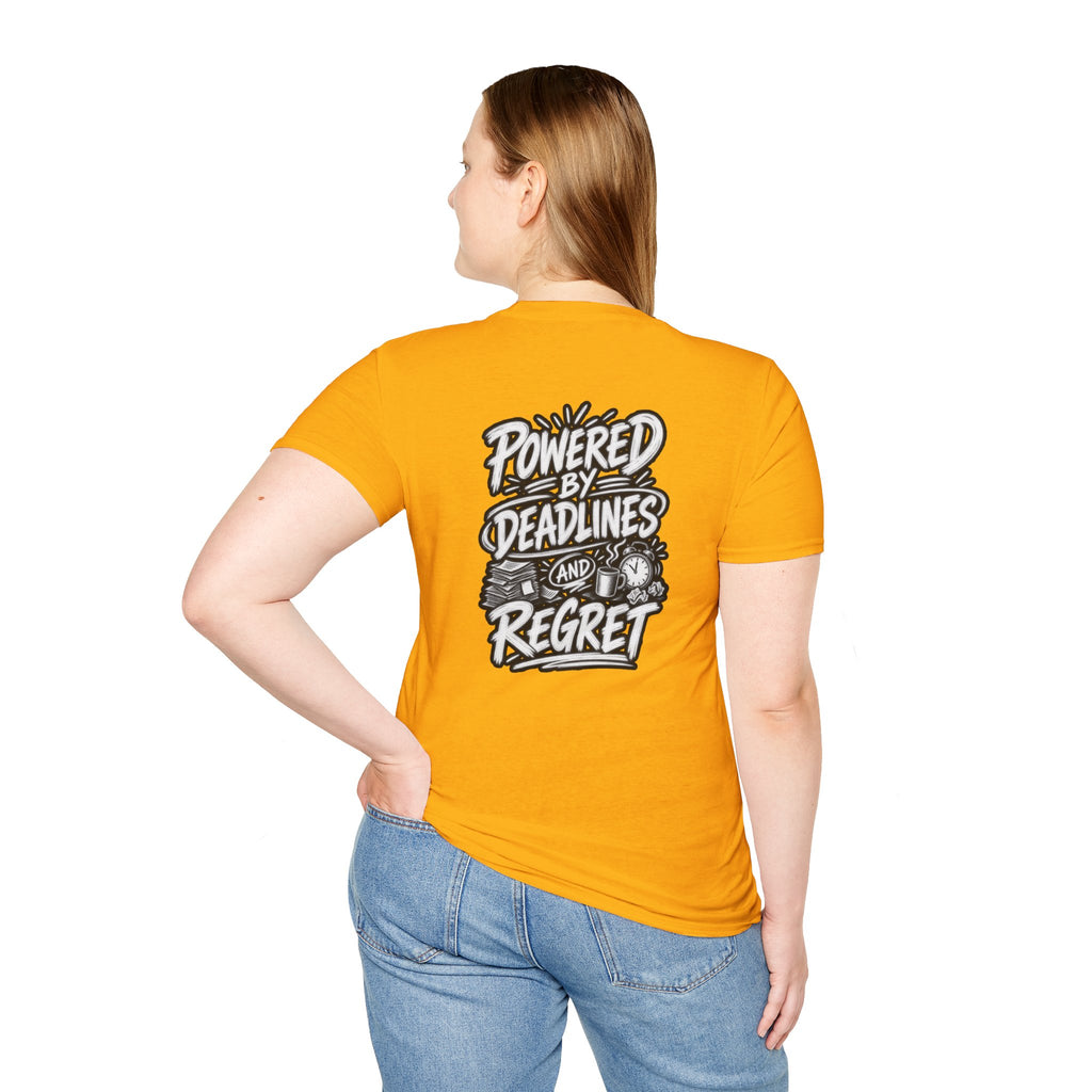 Funny Dark Humor Shirt Powered by Deadlines and Regret Funny Office Tee Unique Coworker Gift