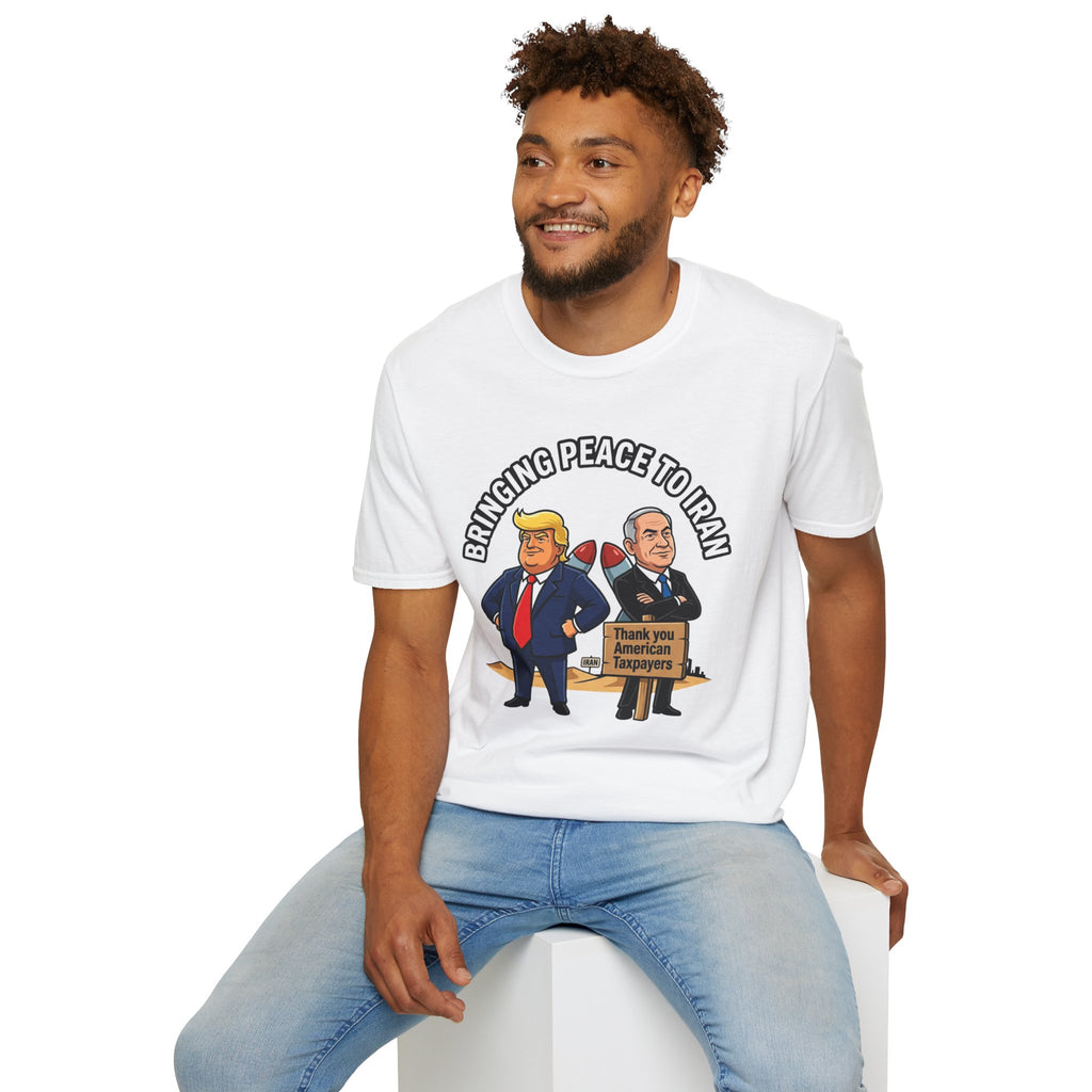 Trump T-Shirt Benjamin Netanyahu Iran War Satiric Mens Unisex Softstyle T-Shirt