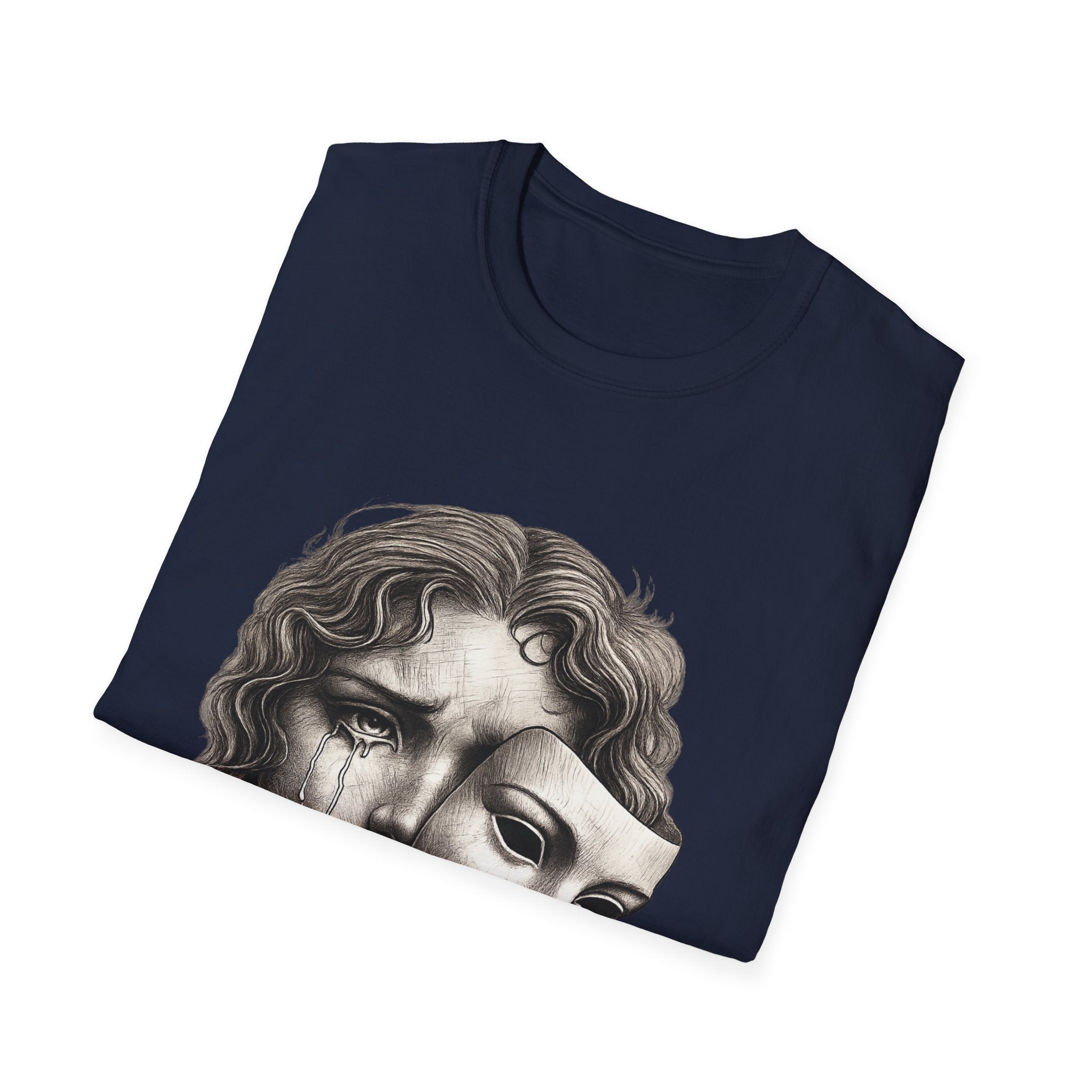 Crying Woman Mask Art T-Shirt | Hidden Emotions Sketch Graphic Tee Unisex Unisex Softstyle T-Shirt