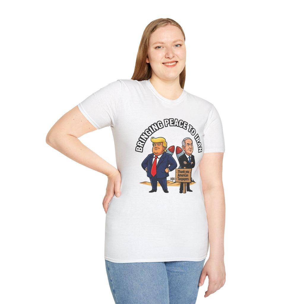 Trump T-Shirt Benjamin Netanyahu Iran War Satiric Mens Unisex Softstyle T-Shirt