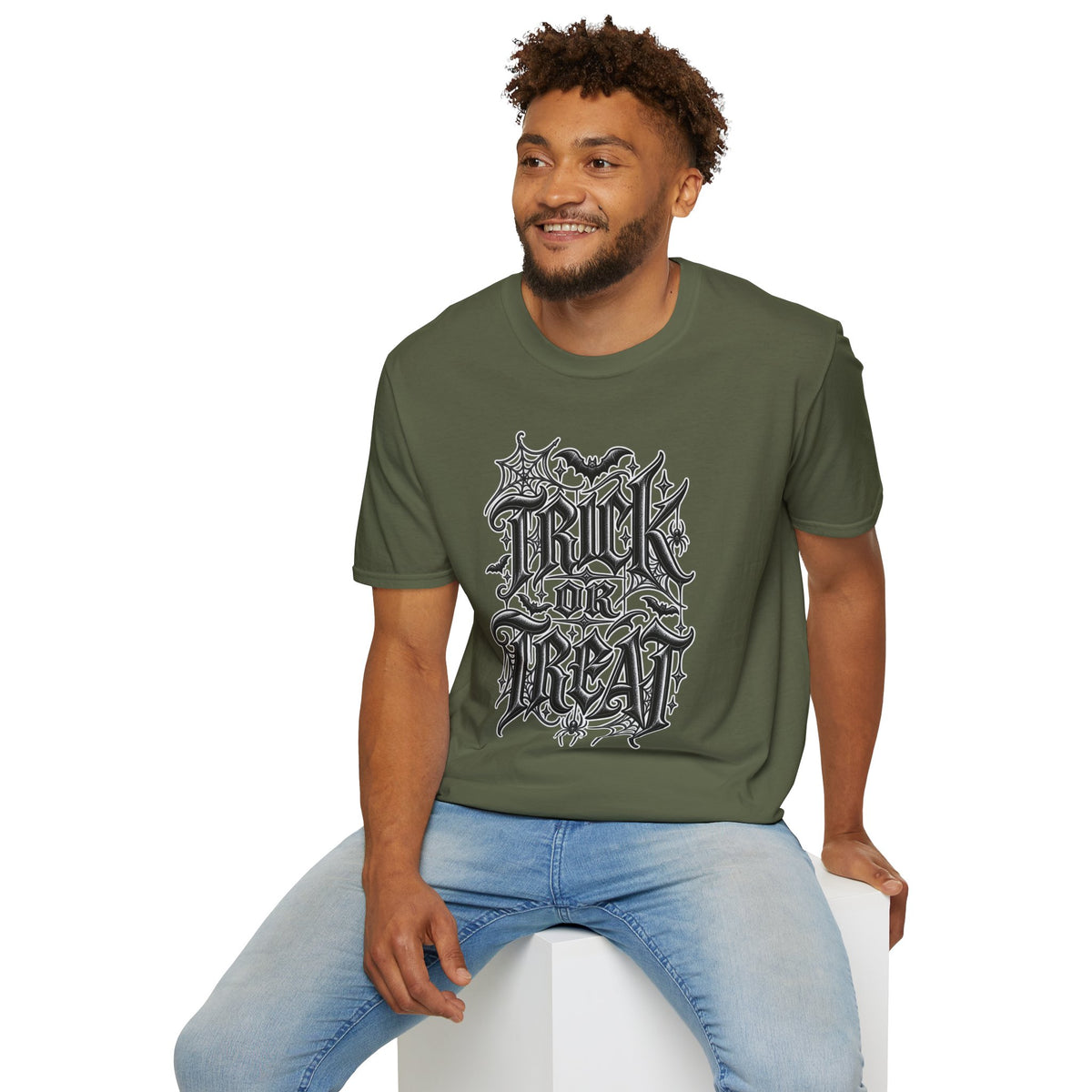 Funny Trick or Treat Gothic Blackletter Shirt | Edgy Spider Web Typography Tee | Minimalist Halloween T-Shirt