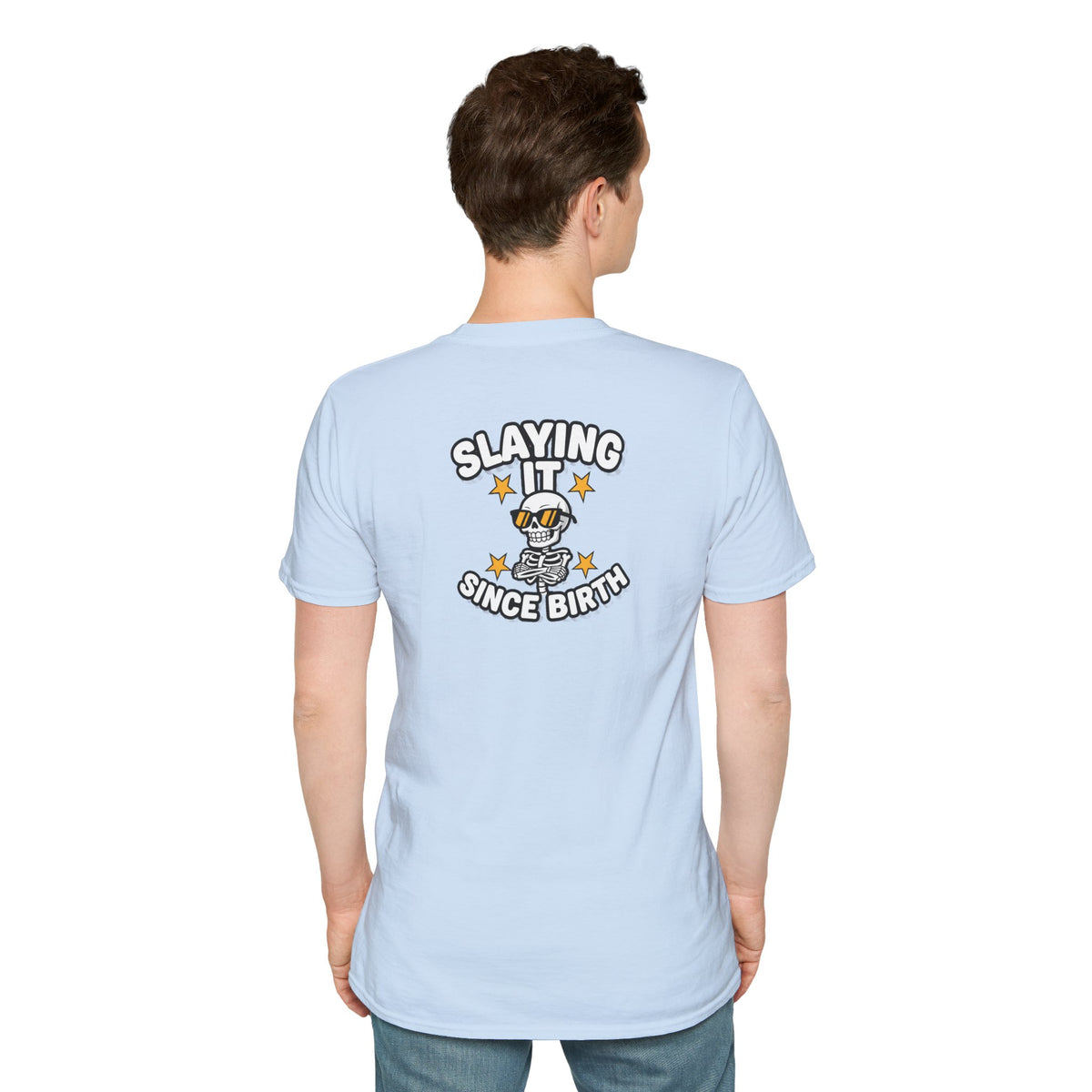 Dark Humor Halloween Shirt Slaying It Since Birth Funny Skeleton Sarcastic Unisex Softstyle Tee Adult Halloween Gift