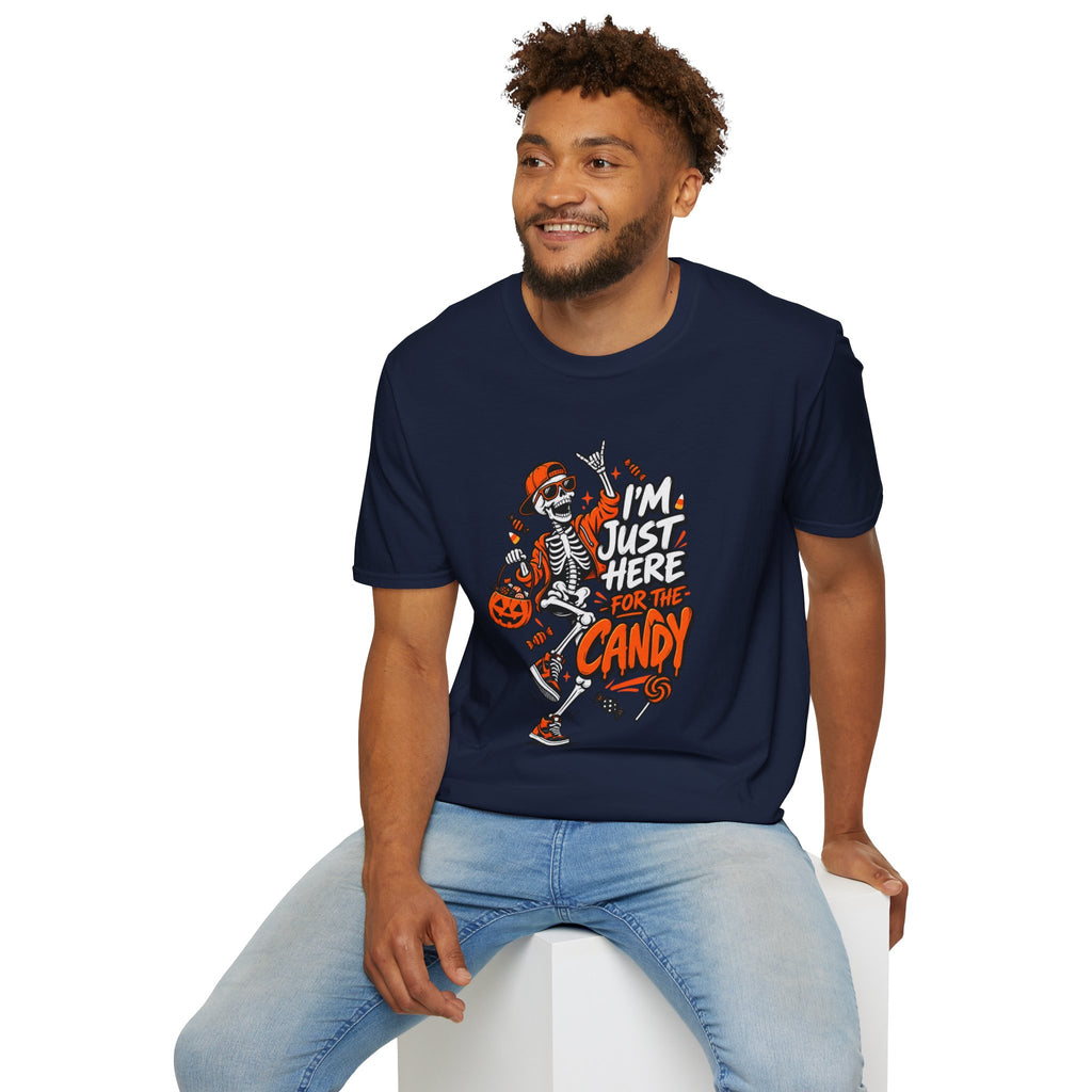 I'm Just Here for the Candy Shirt | Funny Dancing Skeleton Halloween Tee | Dark Humor Graphic T-Shirt