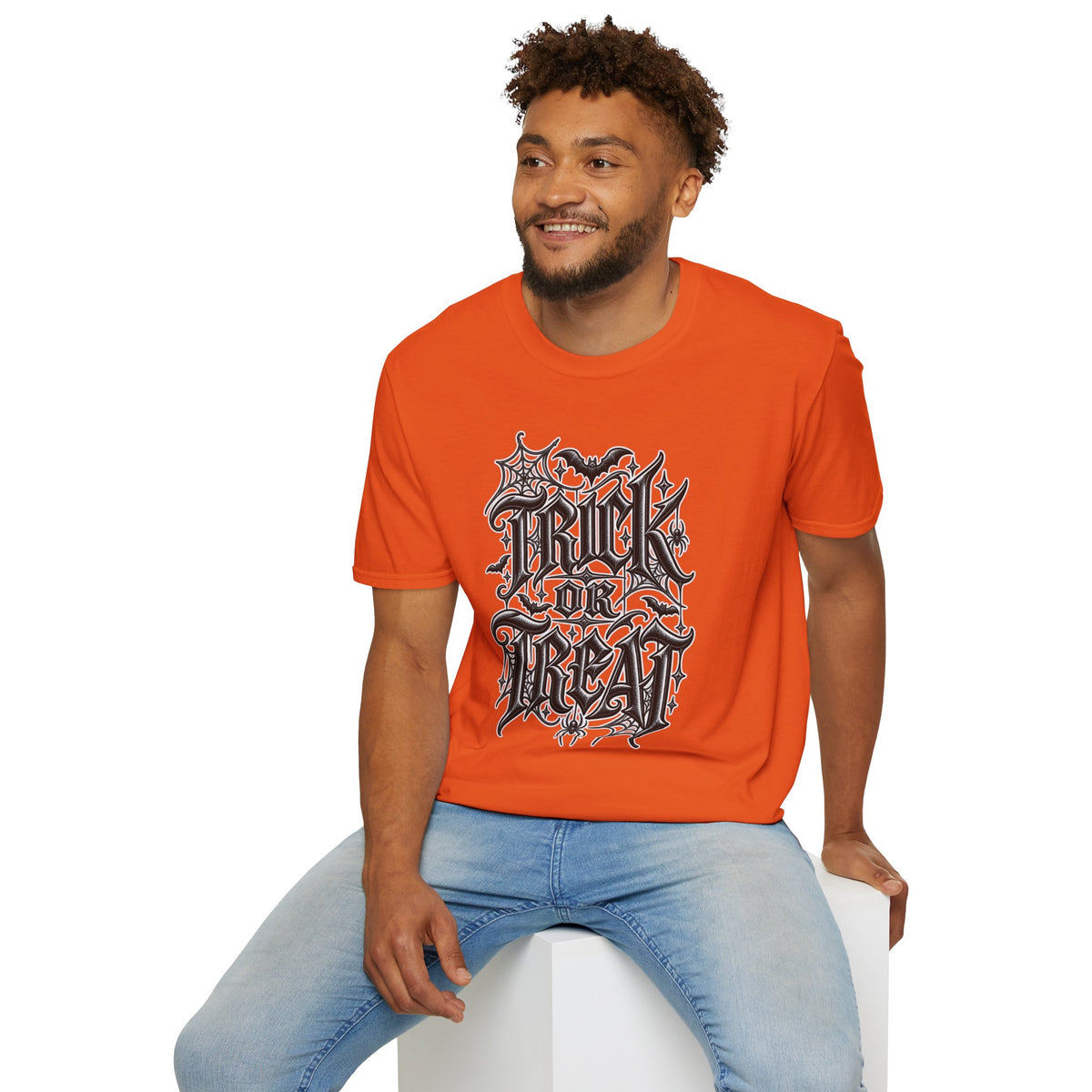 Funny Trick or Treat Gothic Blackletter Shirt | Edgy Spider Web Typography Tee | Minimalist Halloween T-Shirt