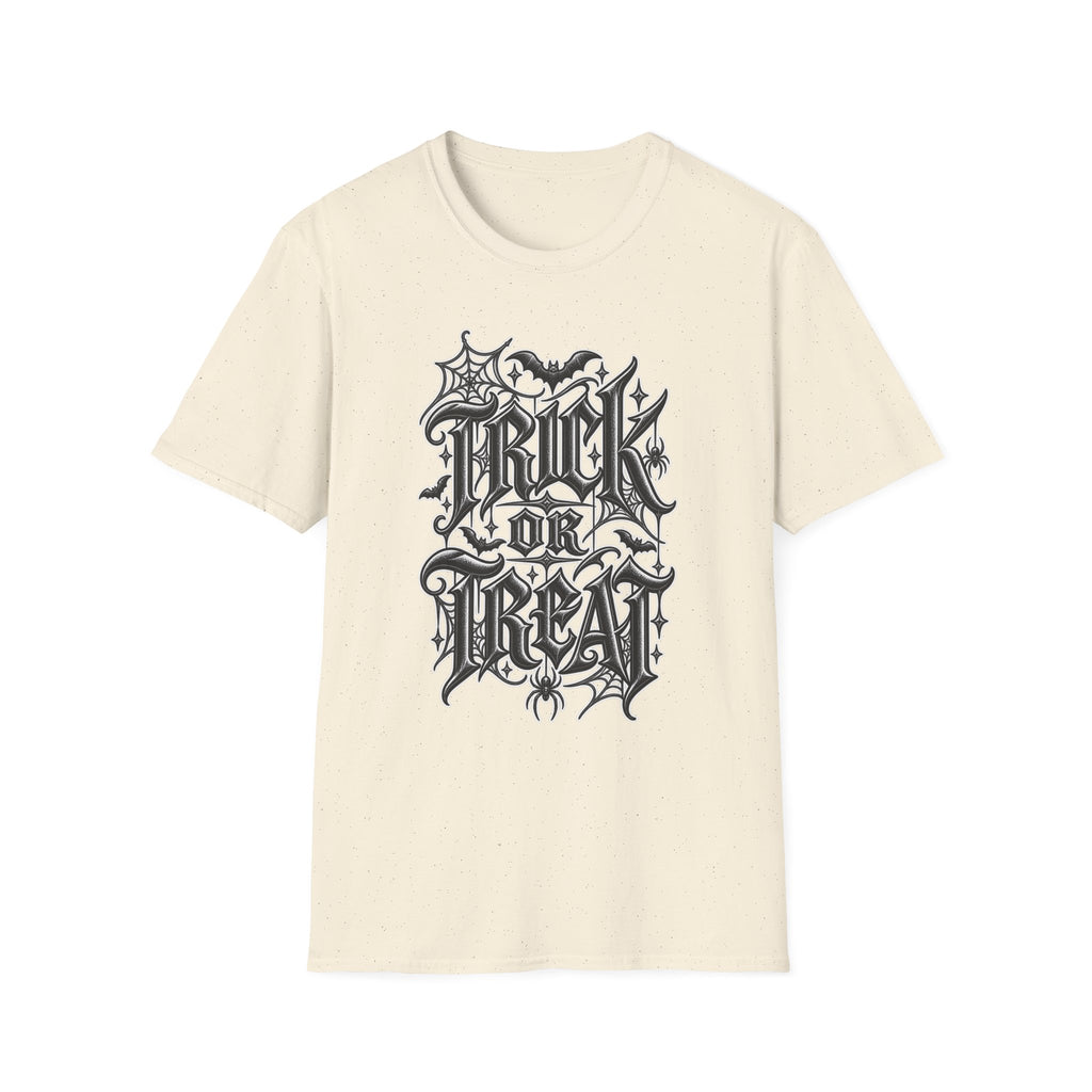 Funny Trick or Treat Gothic Blackletter Shirt | Edgy Spider Web Typography Tee | Minimalist Halloween T-Shirt