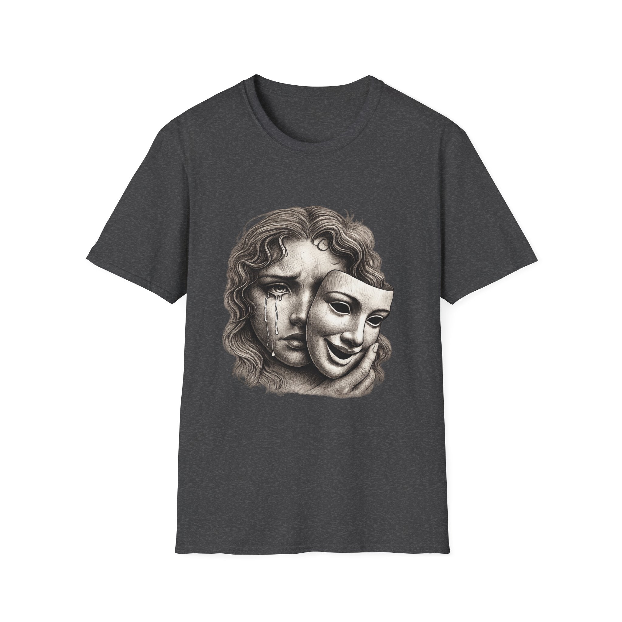 Crying Woman Mask Art T-Shirt | Hidden Emotions Sketch Graphic Tee Unisex Unisex Softstyle T-Shirt