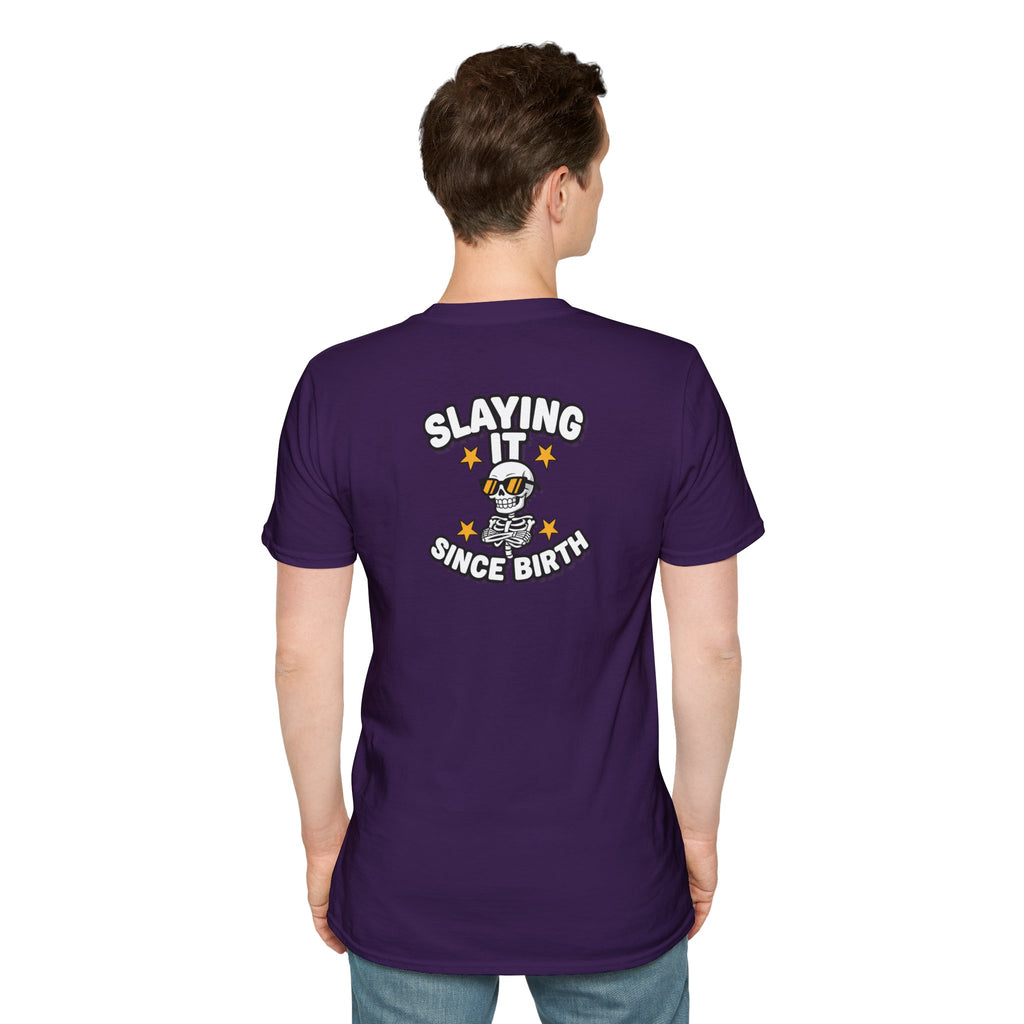 Dark Humor Halloween Shirt Slaying It Since Birth Funny Skeleton Sarcastic Unisex Softstyle Tee Adult Halloween Gift