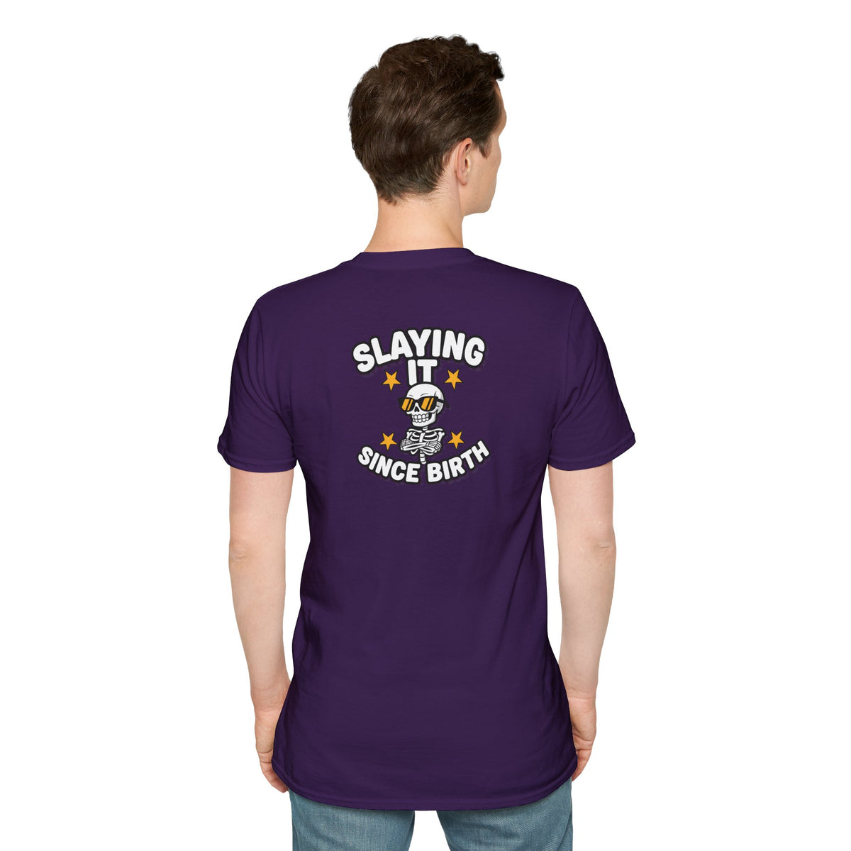 Dark Humor Halloween Shirt Slaying It Since Birth Funny Skeleton Sarcastic Unisex Softstyle Tee Adult Halloween Gift