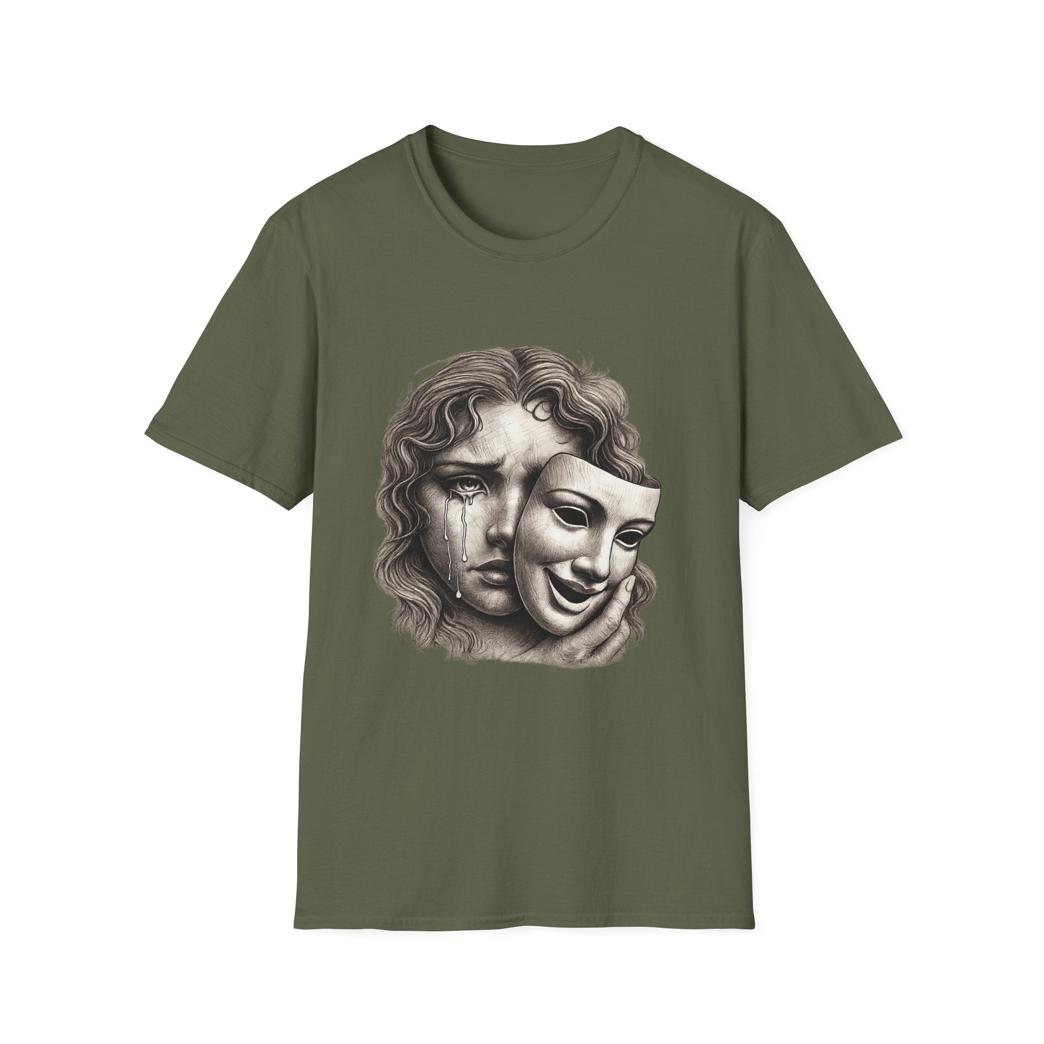 Crying Woman Mask Art T-Shirt | Hidden Emotions Sketch Graphic Tee Unisex Unisex Softstyle T-Shirt