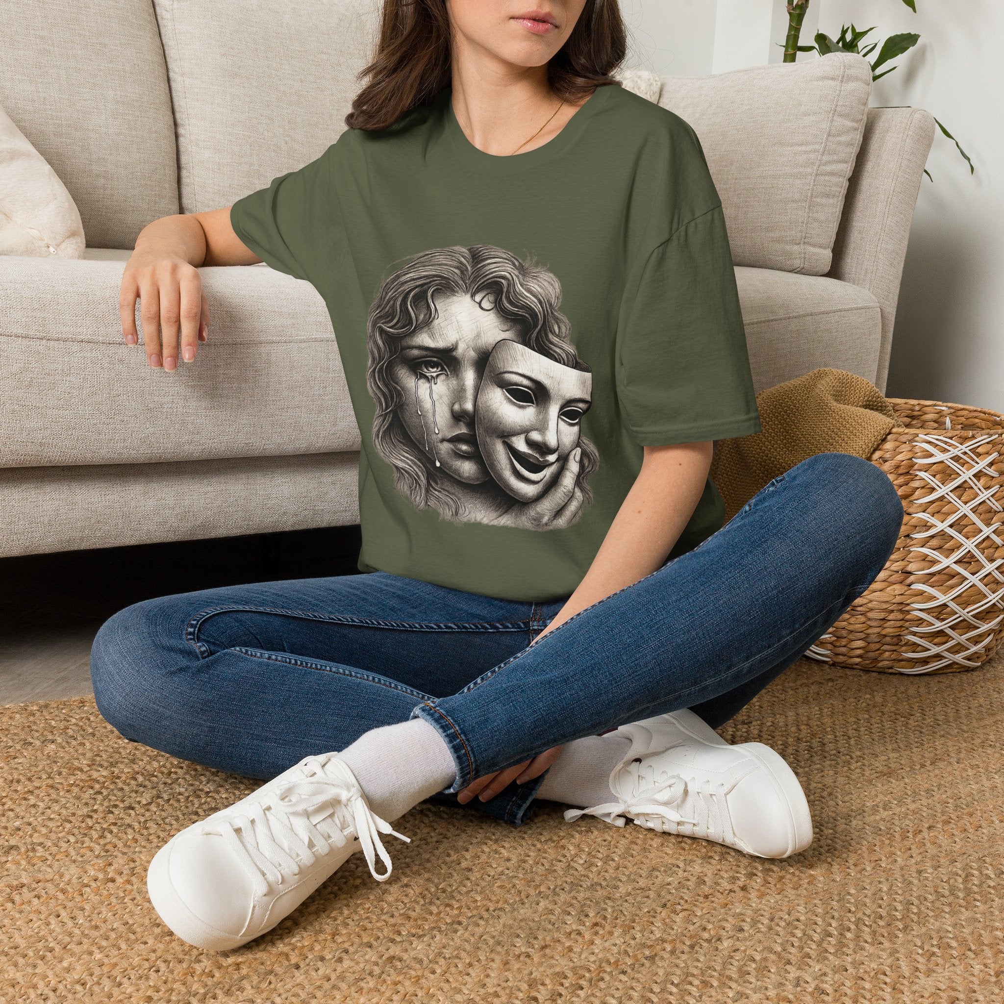 Crying Woman Mask Art T-Shirt | Hidden Emotions Sketch Graphic Tee Unisex Unisex Softstyle T-Shirt