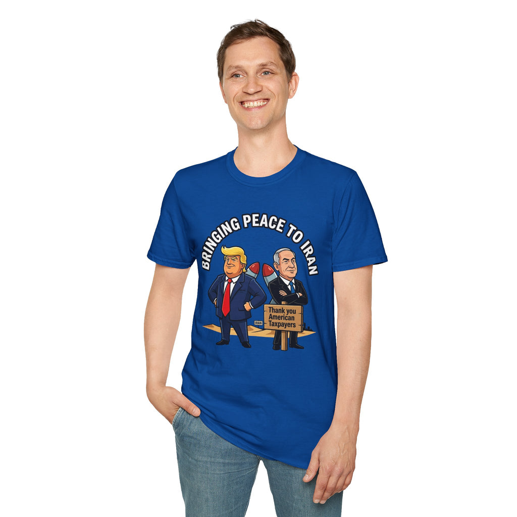 Trump T-Shirt Benjamin Netanyahu Iran War Satiric Mens Unisex Softstyle T-Shirt