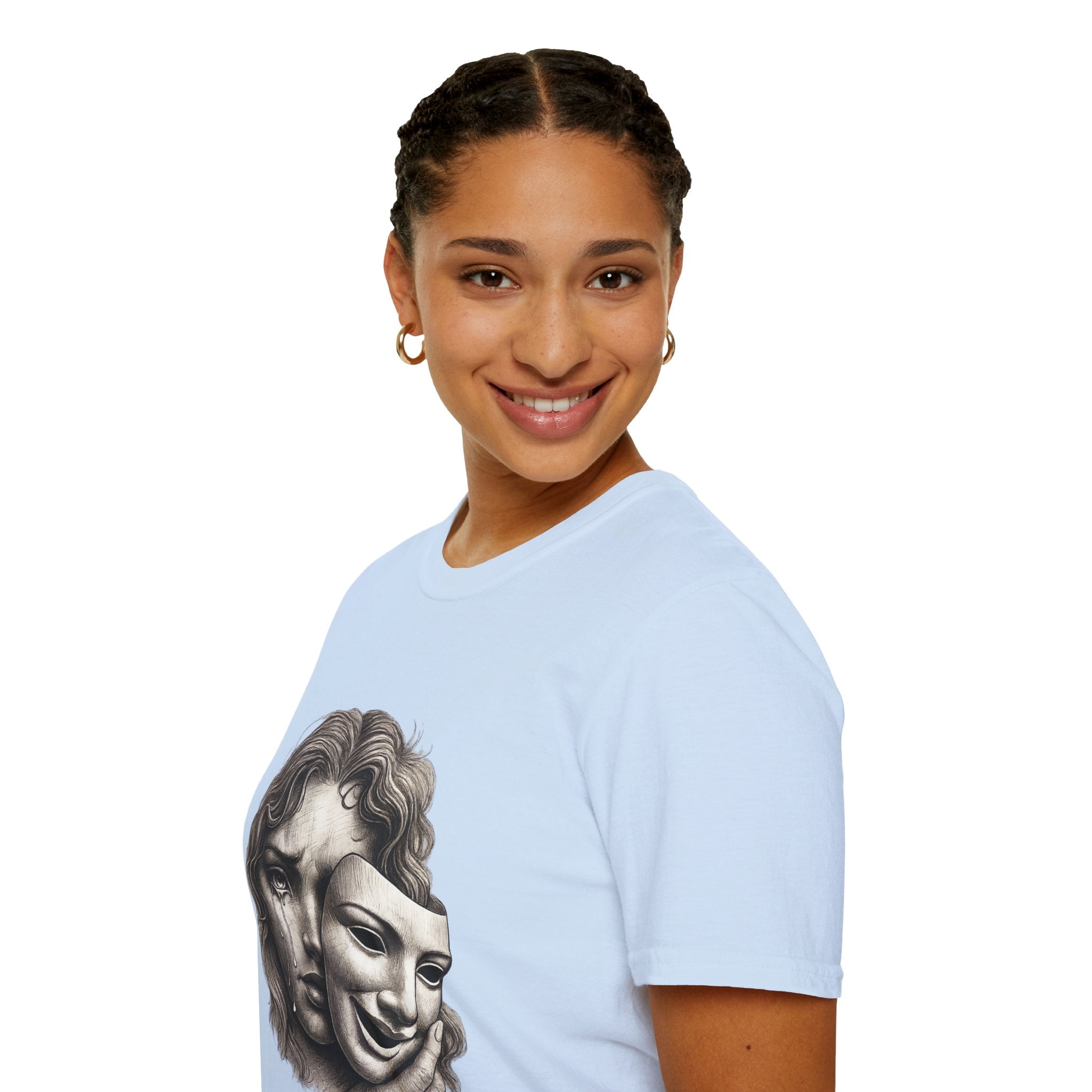 Crying Woman Mask Art T-Shirt | Hidden Emotions Sketch Graphic Tee Unisex Unisex Softstyle T-Shirt