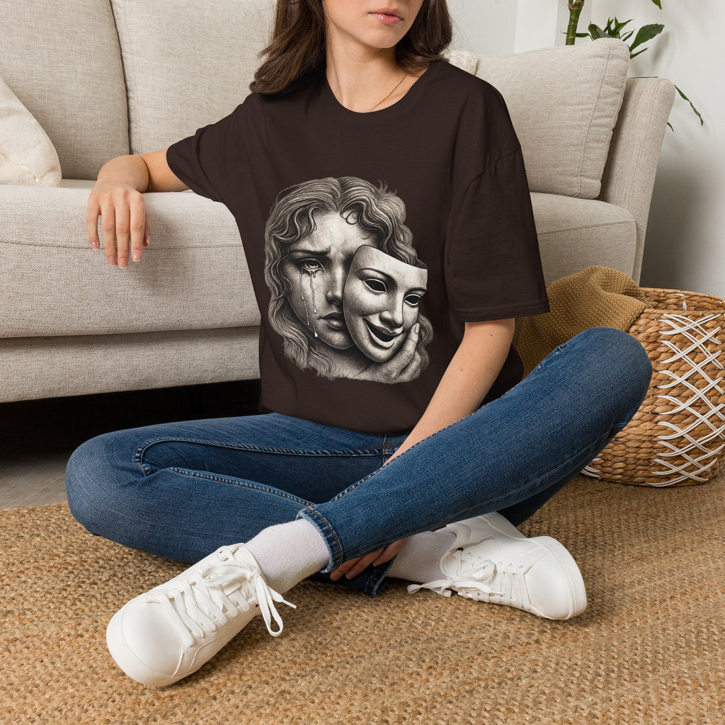 Crying Woman Mask Art T-Shirt | Hidden Emotions Sketch Graphic Tee Unisex Unisex Softstyle T-Shirt