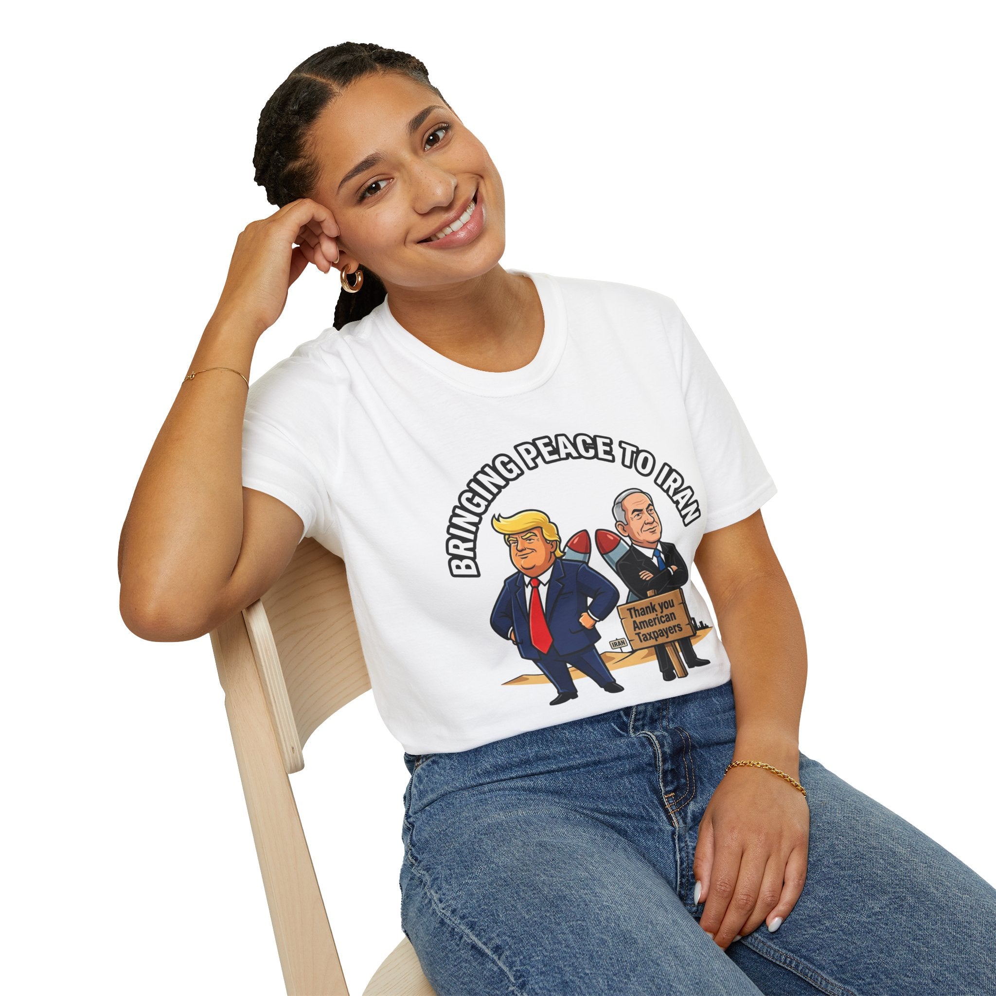 Trump T-Shirt Benjamin Netanyahu Iran War Satiric Mens Unisex Softstyle T-Shirt