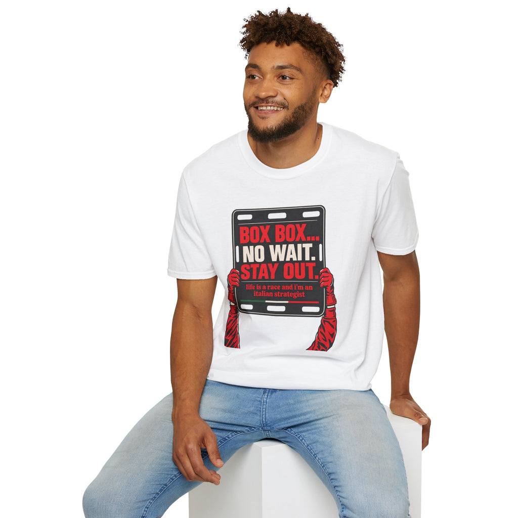 Funny Racing T-Shirt Box Box No Wait Stay Out Italian Strategist Motorsport Fan Shirt Unisex Softstyle Tee Race Day Gift
