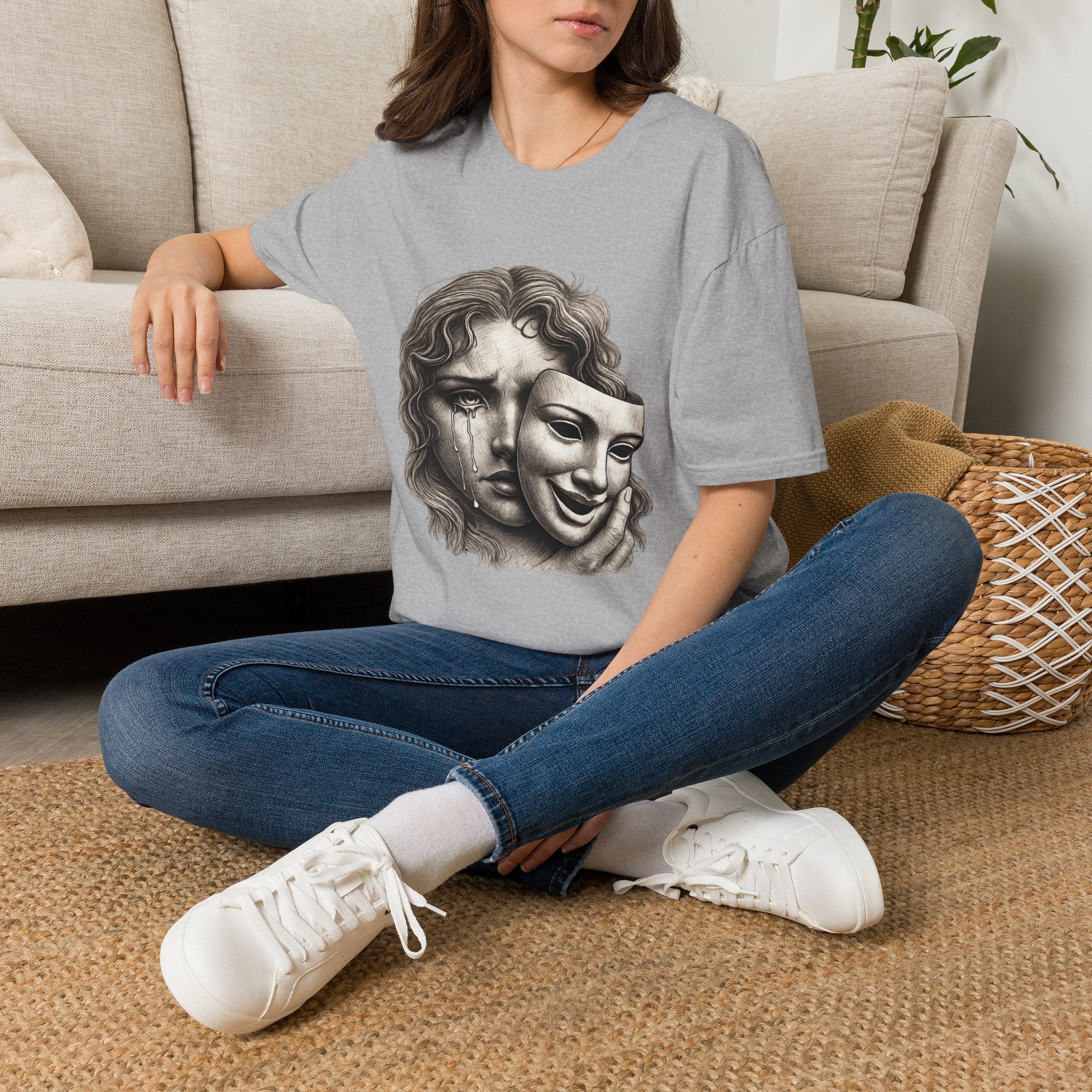Crying Woman Mask Art T-Shirt | Hidden Emotions Sketch Graphic Tee Unisex Unisex Softstyle T-Shirt