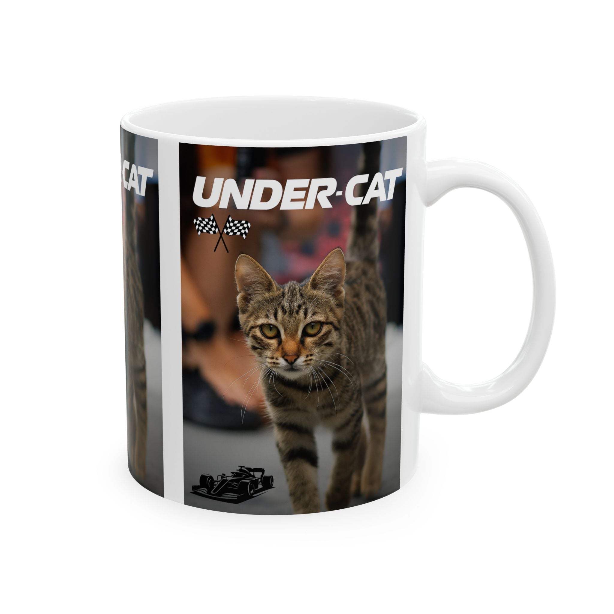 Under-Cat Funny F1 Cat Unique Gift for Fans Coffee Cup Ceramic Tea Mug Baku Race 11oz