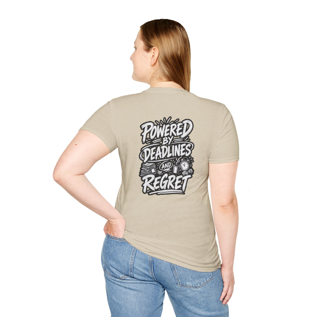 Funny Dark Humor Shirt Powered by Deadlines and Regret Funny Office Tee Unique Coworker Gift