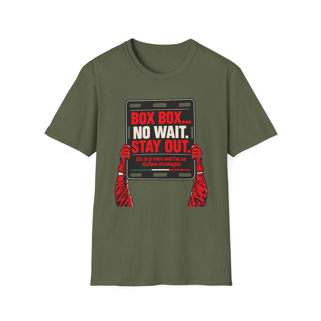 Funny Racing T-Shirt Box Box No Wait Stay Out Italian Strategist Motorsport Fan Shirt Unisex Softstyle Tee Race Day Gift