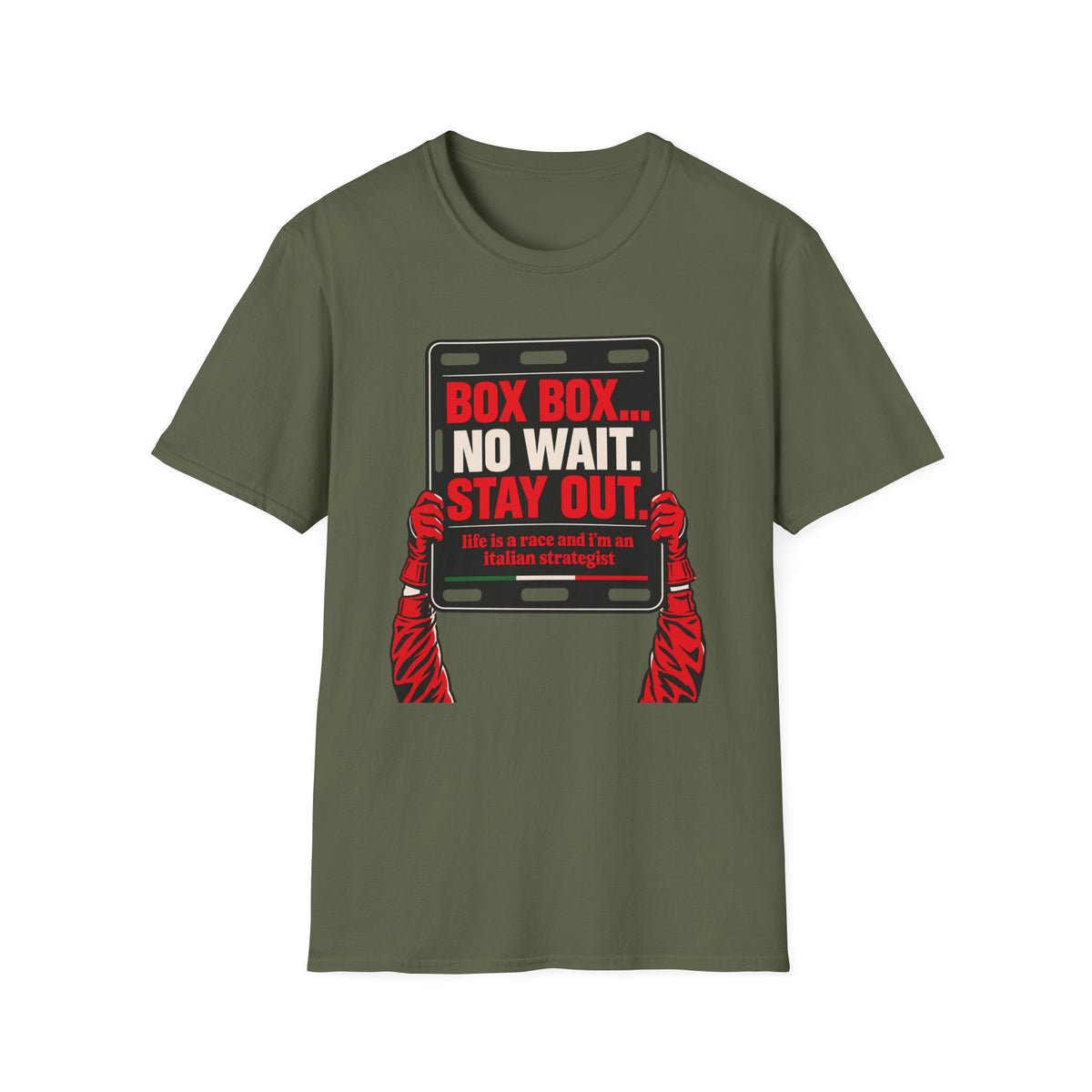 Funny Racing T-Shirt Box Box No Wait Stay Out Italian Strategist Motorsport Fan Shirt Unisex Softstyle Tee Race Day Gift