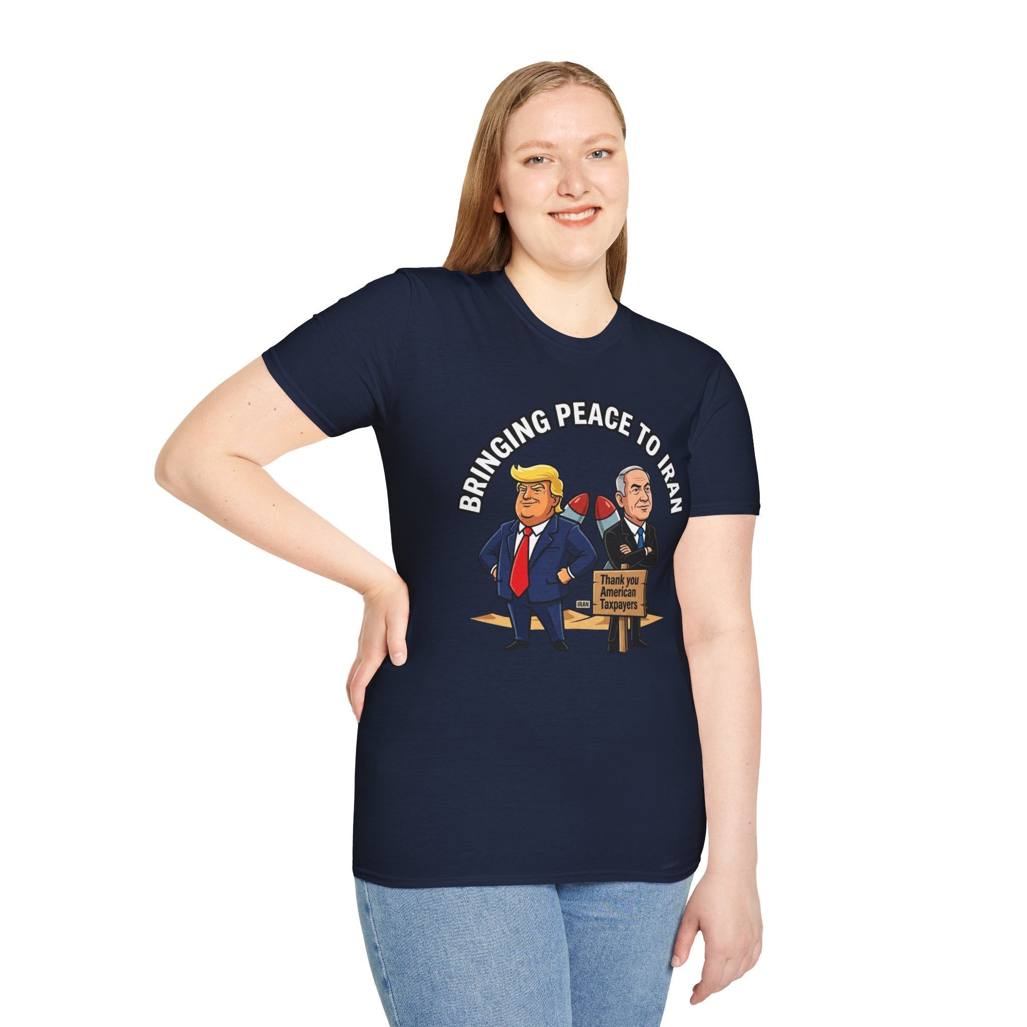 Trump T-Shirt Benjamin Netanyahu Iran War Satiric Mens Unisex Softstyle T-Shirt
