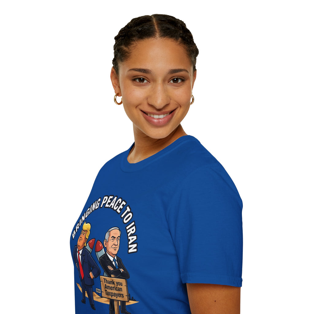 Trump T-Shirt Benjamin Netanyahu Iran War Satiric Mens Unisex Softstyle T-Shirt