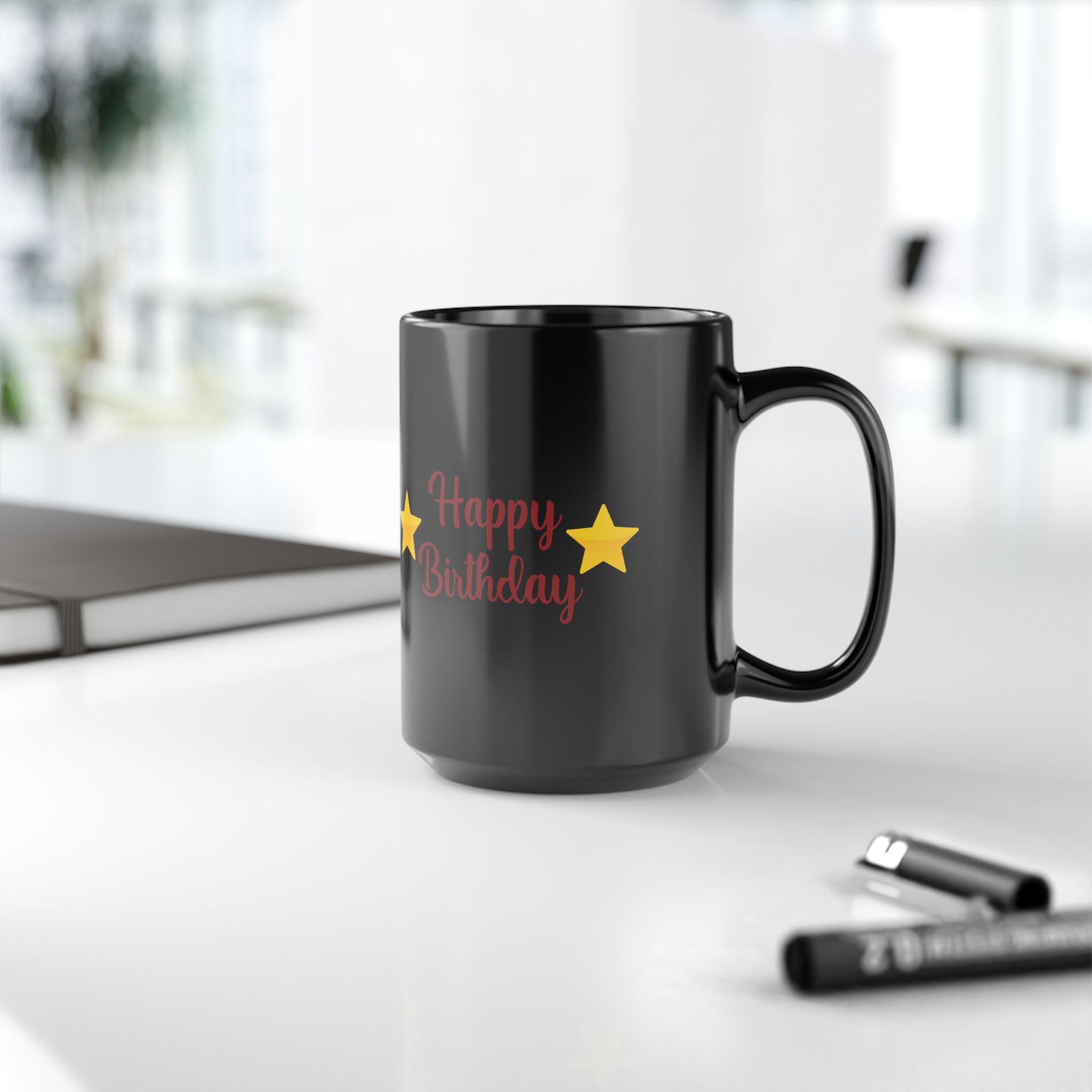 Happy Birthday Gift Black Ceramic Mug Star Great Present Bf Gf Wife Husband 15oz
