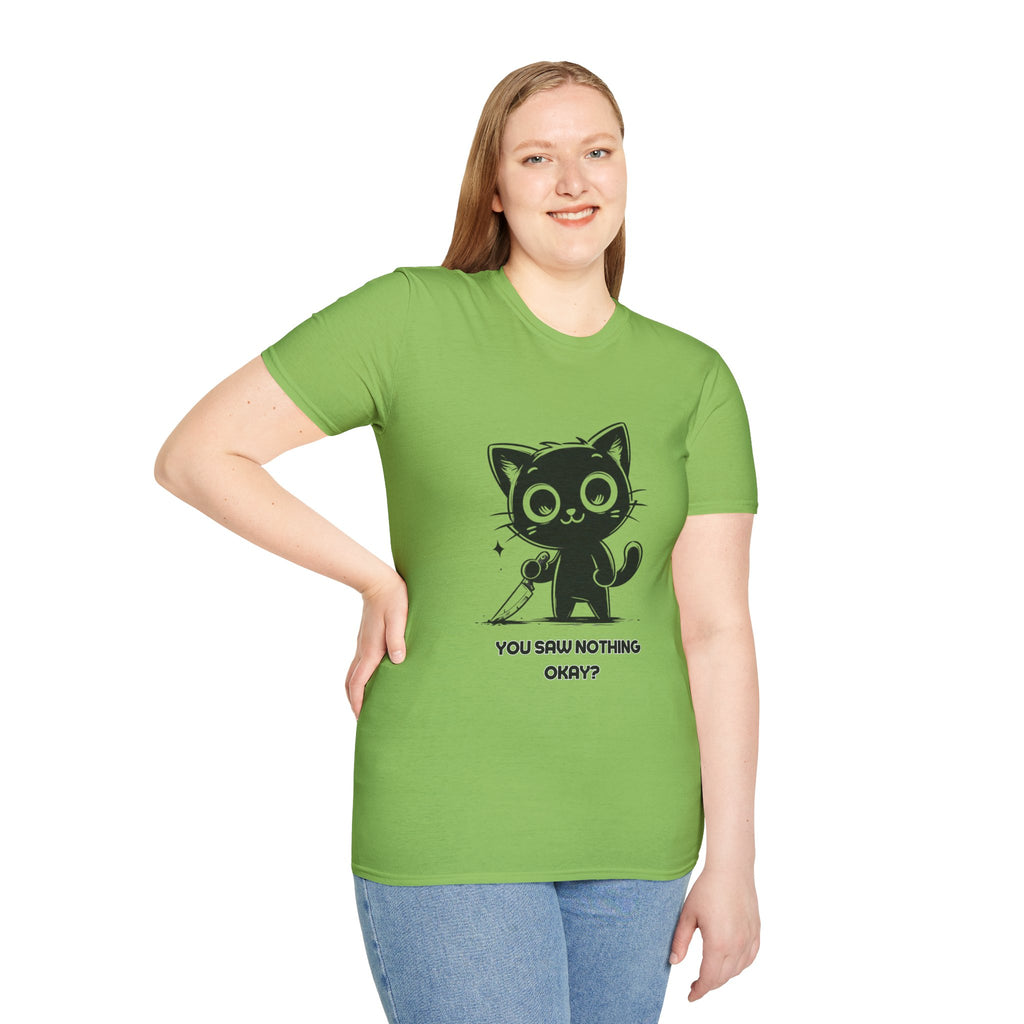 Women's and Men's Funny Cat T-shirt you saw nothing cat with bloody knife Halloween tee Soft Unisex Tshirt Gift for Her