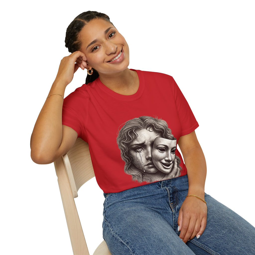 Crying Woman Mask Art T-Shirt | Hidden Emotions Sketch Graphic Tee Unisex Unisex Softstyle T-Shirt