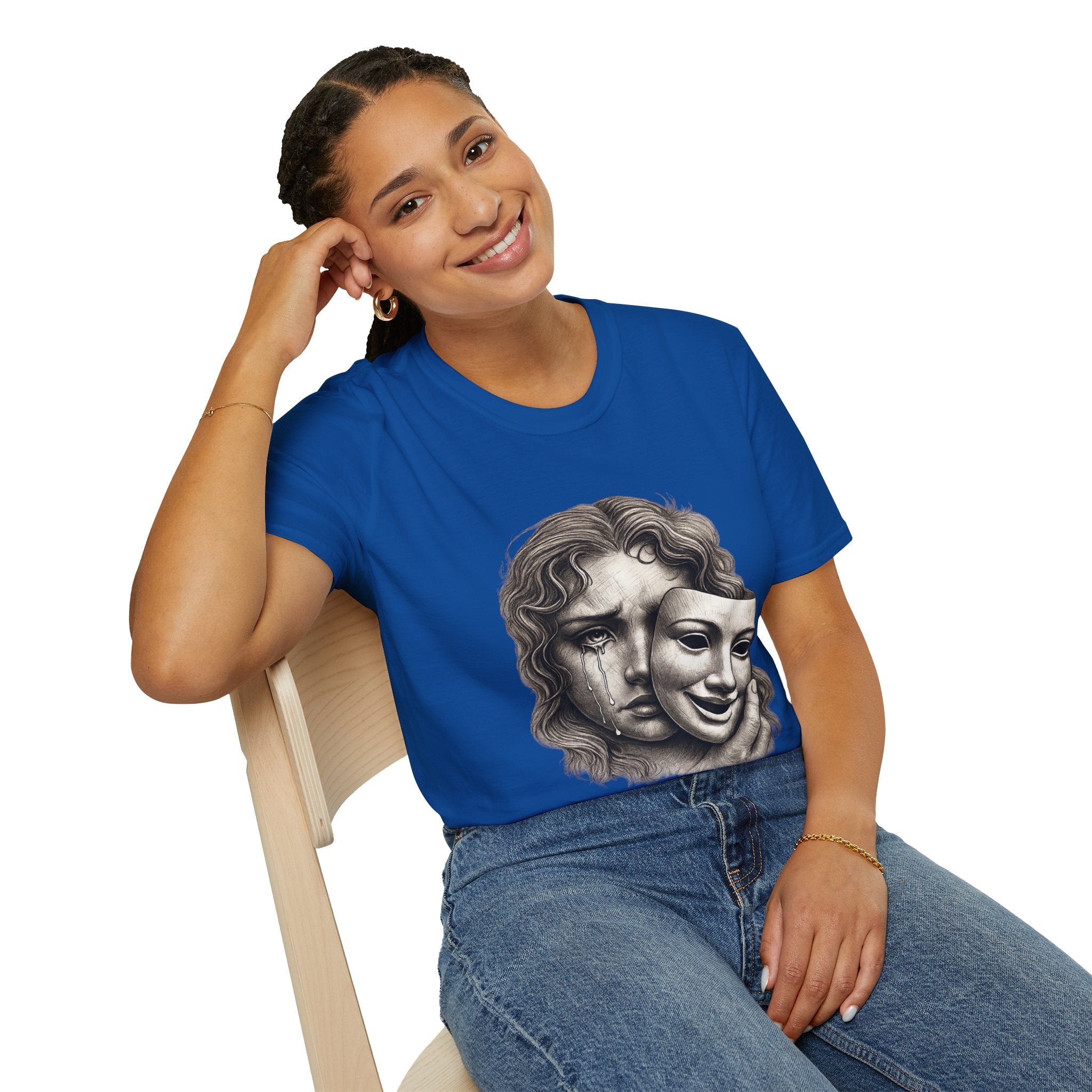 Crying Woman Mask Art T-Shirt | Hidden Emotions Sketch Graphic Tee Unisex Unisex Softstyle T-Shirt