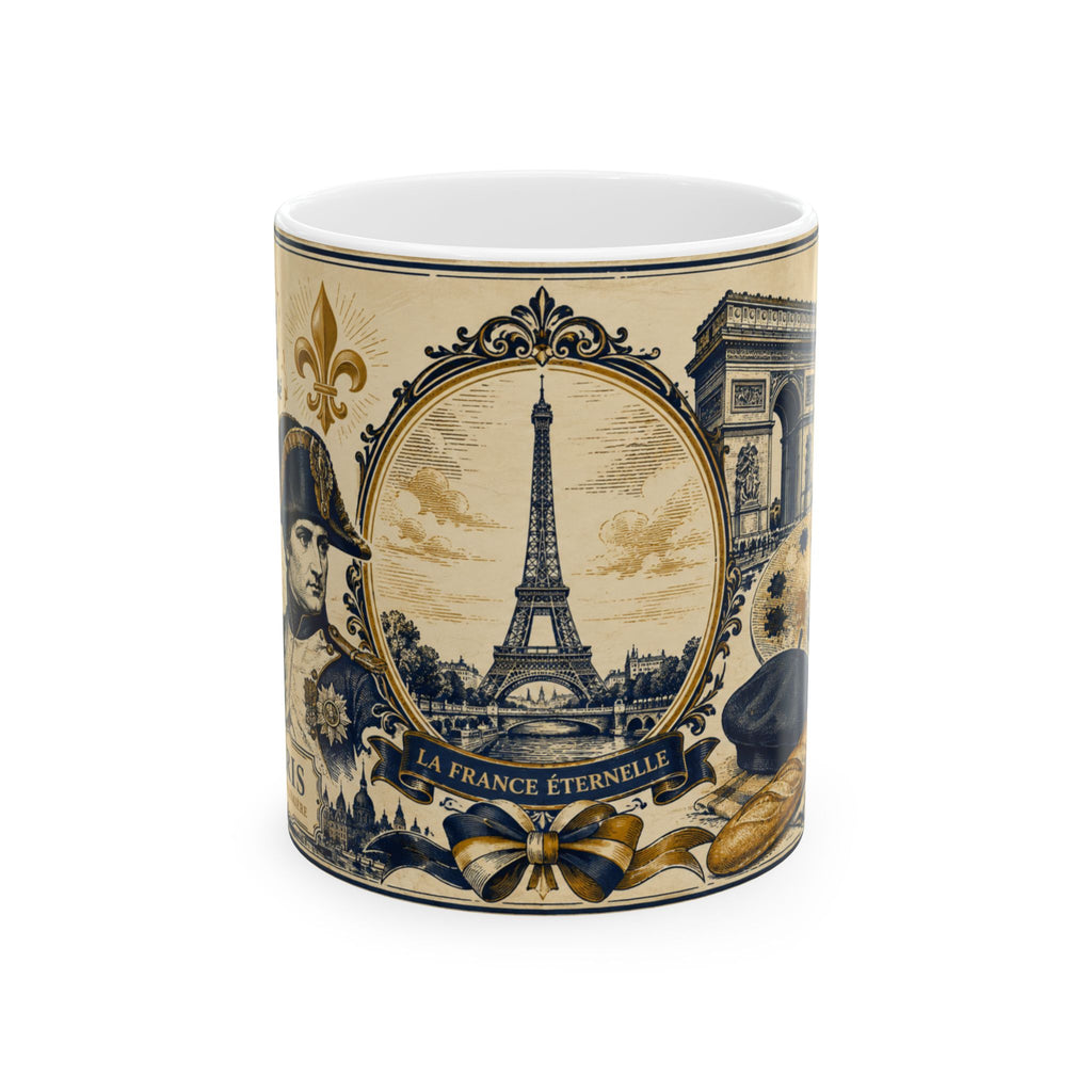 Ceramic Travel Mug Vintage France Emblem Mug Eiffel Tower Fleur de Lis Coffee Cup Gift