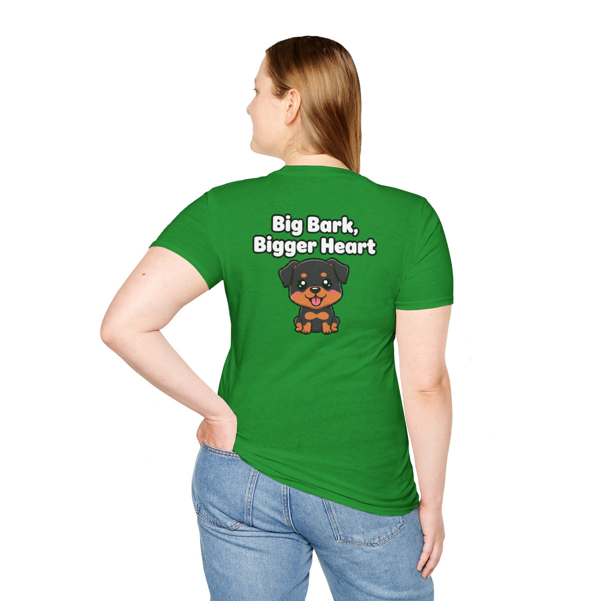 Cute Rottweiler Shirt Big Bark, Bigger Heart Funny Dog Lover Unisex Softstyle Tee Gift