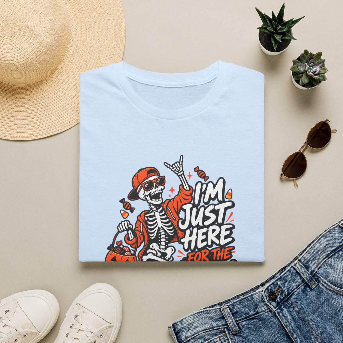 I'm Just Here for the Candy Shirt | Funny Dancing Skeleton Halloween Tee | Dark Humor Graphic T-Shirt
