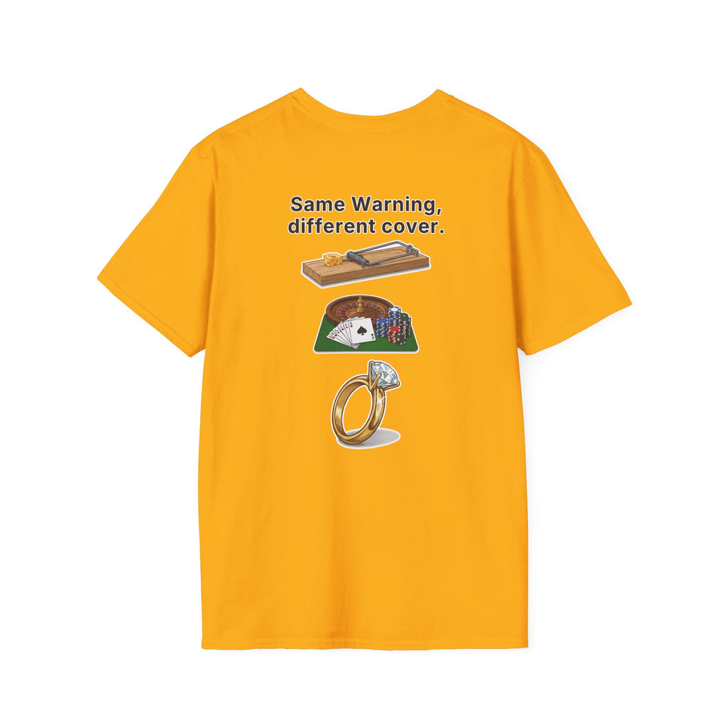 Funny Marriage T-Shirt Same Warning Different Cover Mousetrap Casino Ring Wedding Humor Shirt Groom Bachelor Party Tee