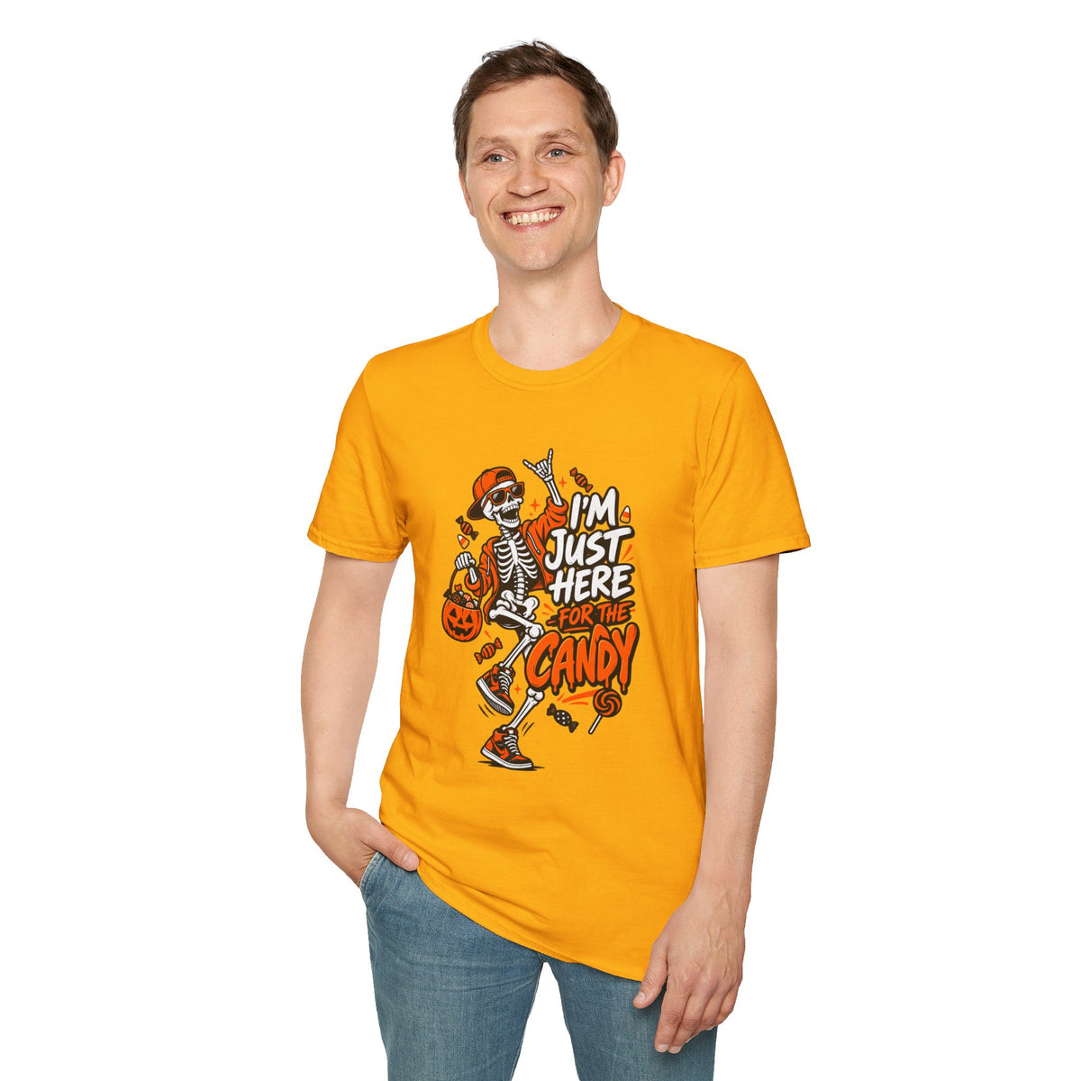 I'm Just Here for the Candy Shirt | Funny Dancing Skeleton Halloween Tee | Dark Humor Graphic T-Shirt