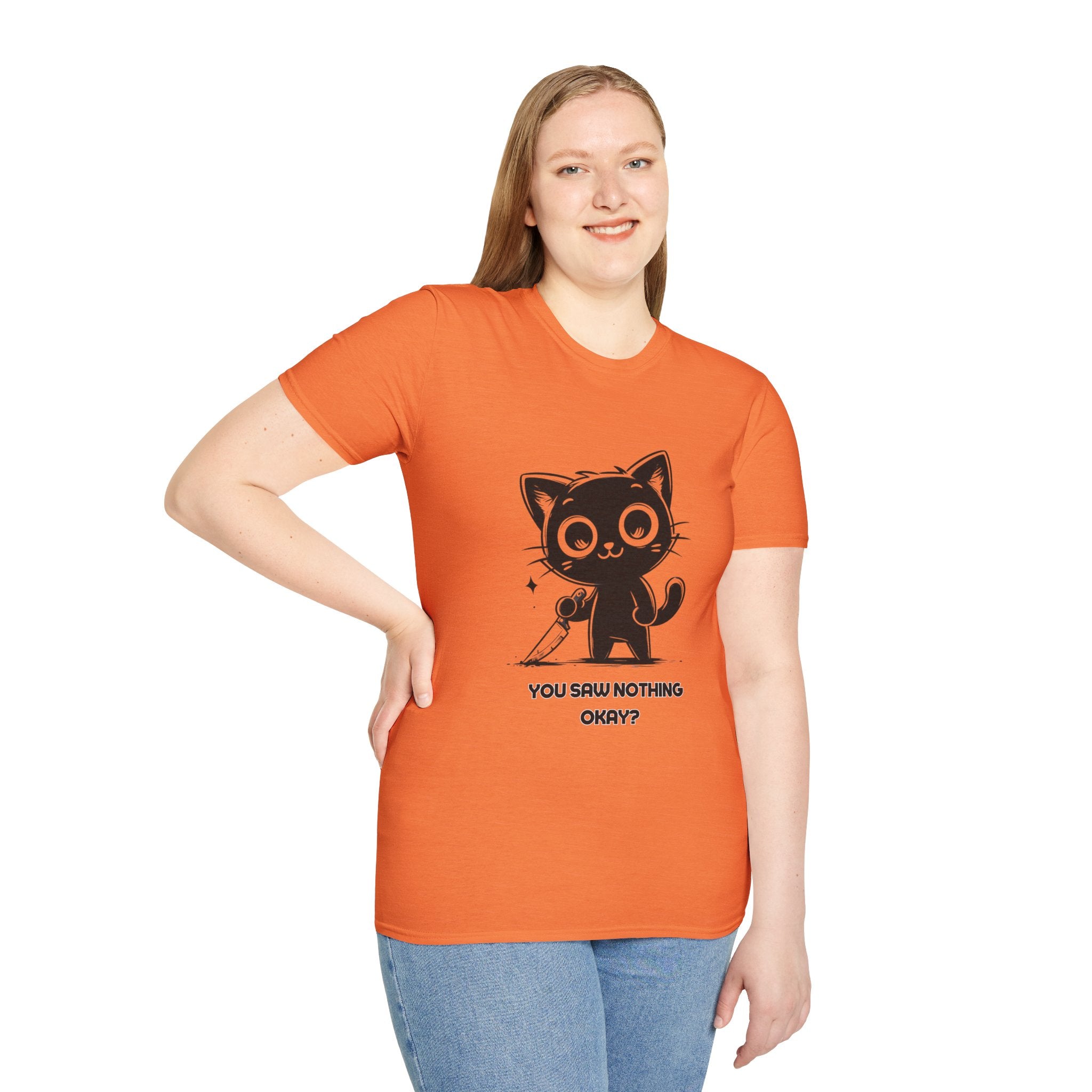 Women's and Men's Funny Cat T-shirt you saw nothing cat with bloody knife Halloween tee Soft Unisex Tshirt Gift for Her