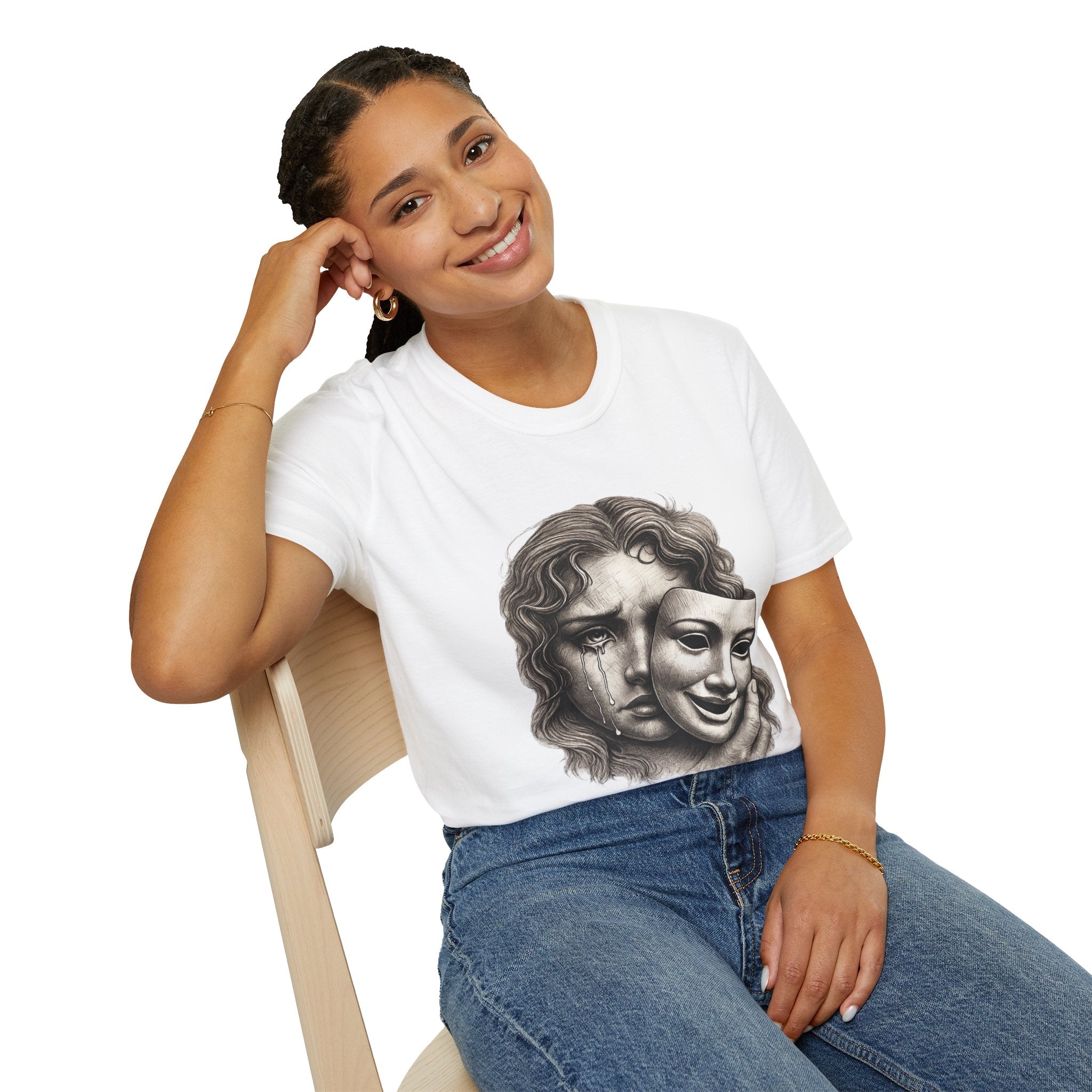 Crying Woman Mask Art T-Shirt | Hidden Emotions Sketch Graphic Tee Unisex Unisex Softstyle T-Shirt