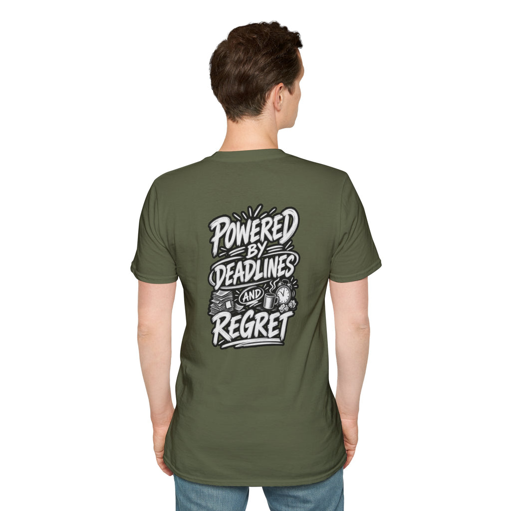 Funny Dark Humor Shirt Powered by Deadlines and Regret Funny Office Tee Unique Coworker Gift